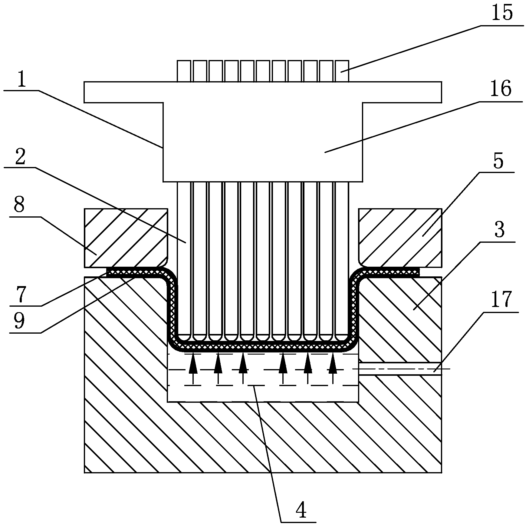 Multi-point male die liquid-filling drawing forming device and method for plate