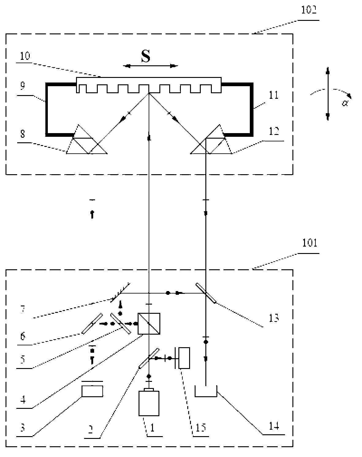 Roll angle measuring device and method based on diffraction grating displacement