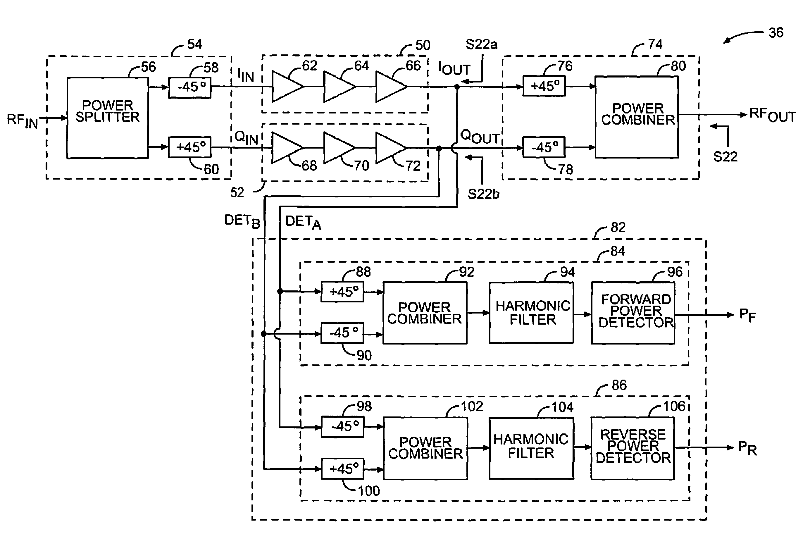 Forward and reverse VSWR insensitive power detection using phase shifting and harmonic filtering