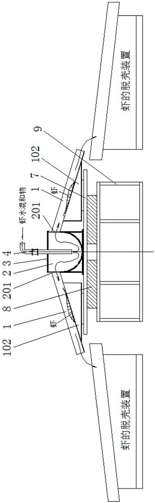 Uniform feeding device and method for unshelling processing of small shrimps