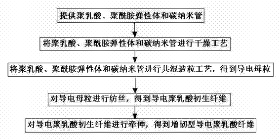 Toughening type conductive polylactic acid fiber and preparation method and application thereof