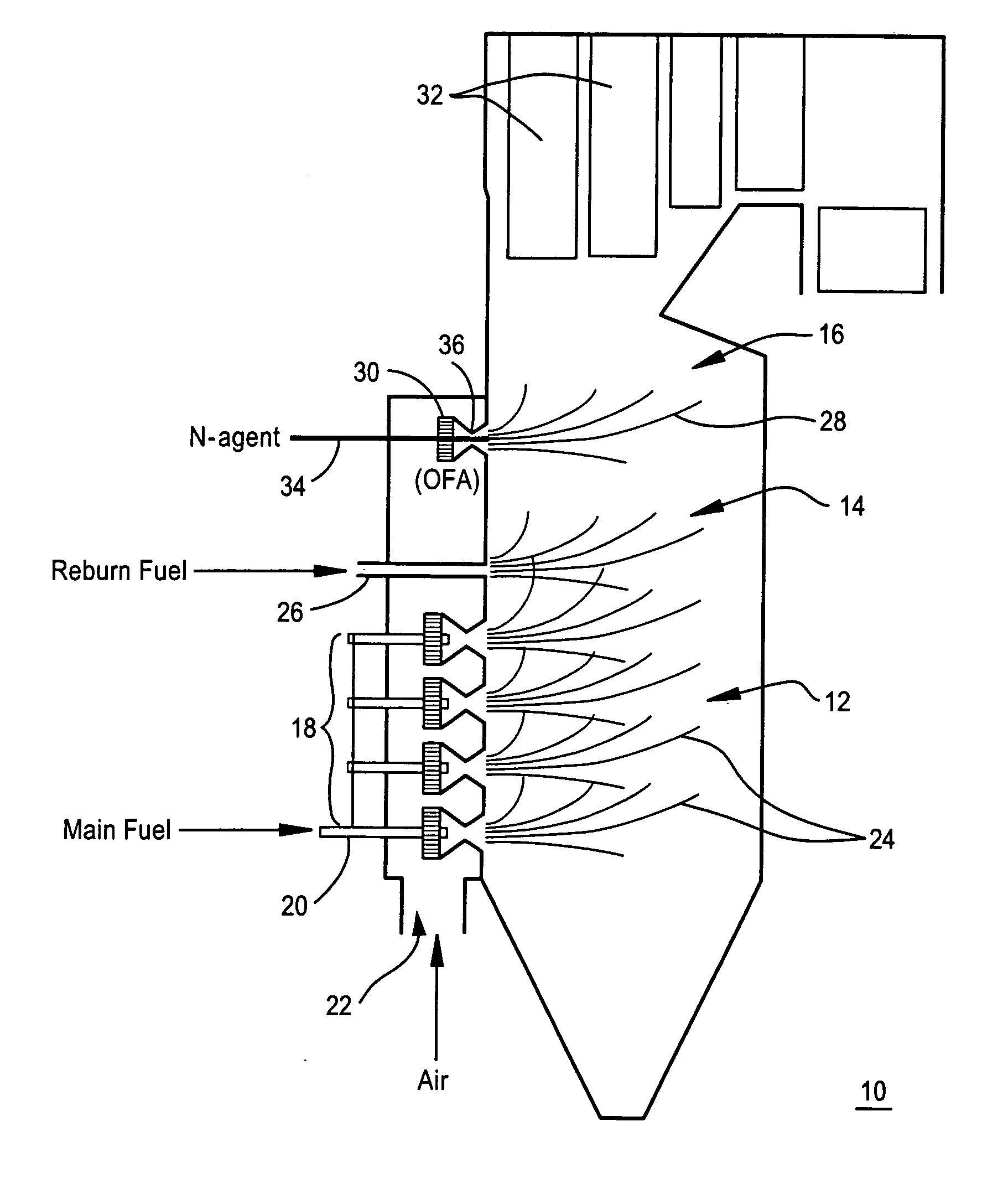 Method and apparatus to reduce flue gas NOx by injection of n-agent droplets and gas in overfire air