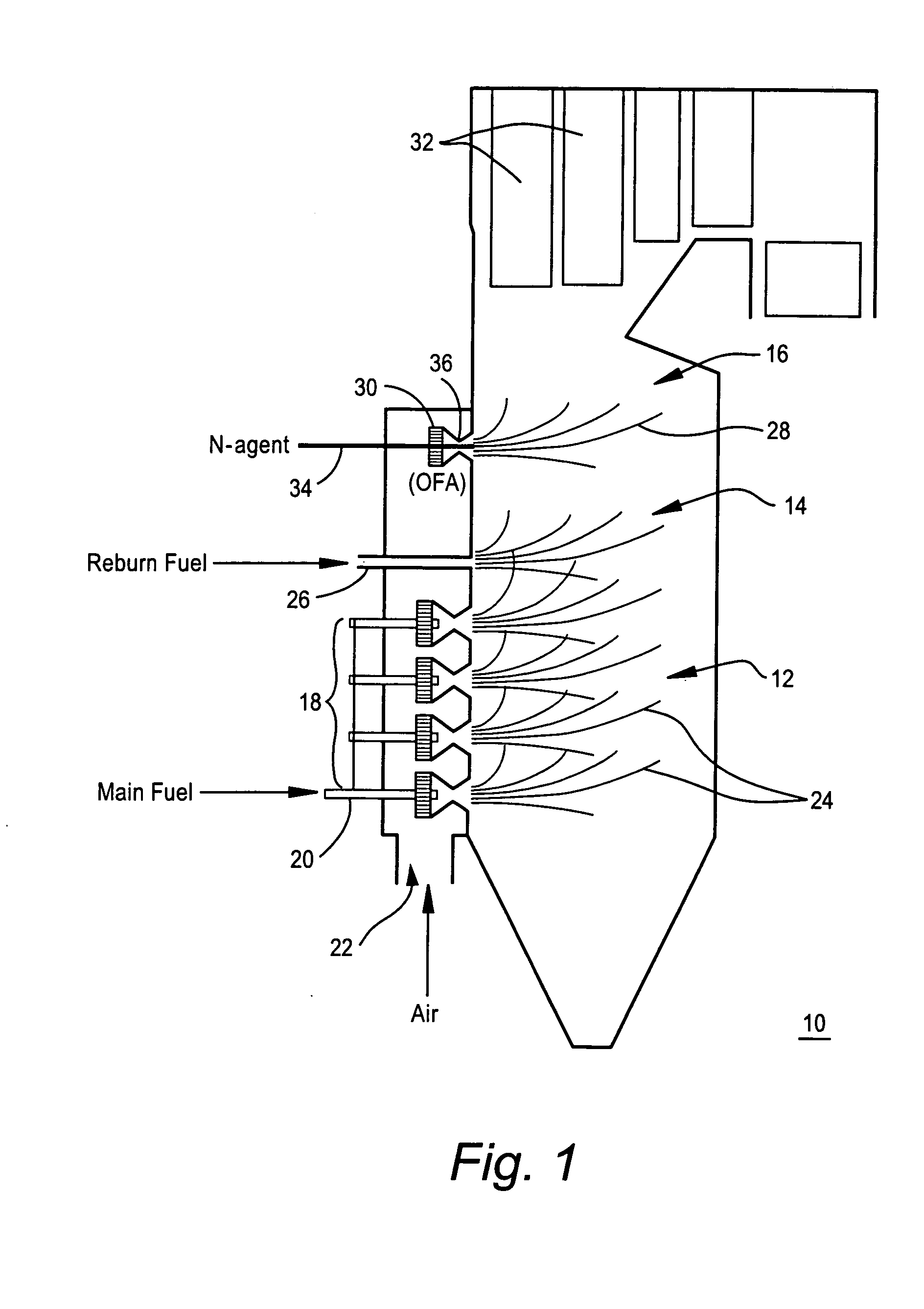 Method and apparatus to reduce flue gas NOx by injection of n-agent droplets and gas in overfire air