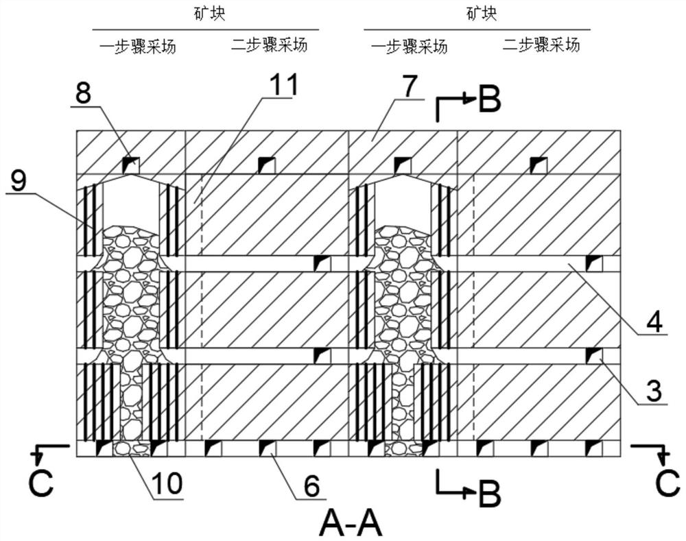 Medium-thick ore body V-shaped top pillar sublevel rock drilling stage open stoping subsequent filling mining method