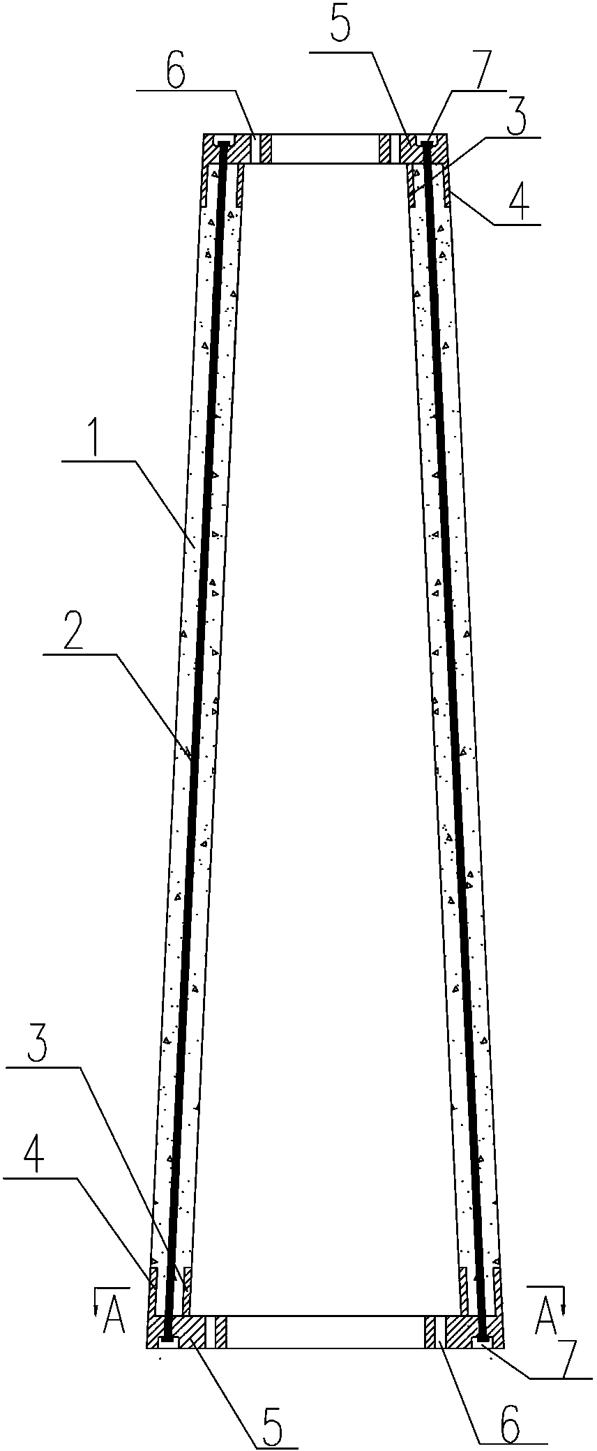 Prestressed concrete rod section with two ends in inner flange connection