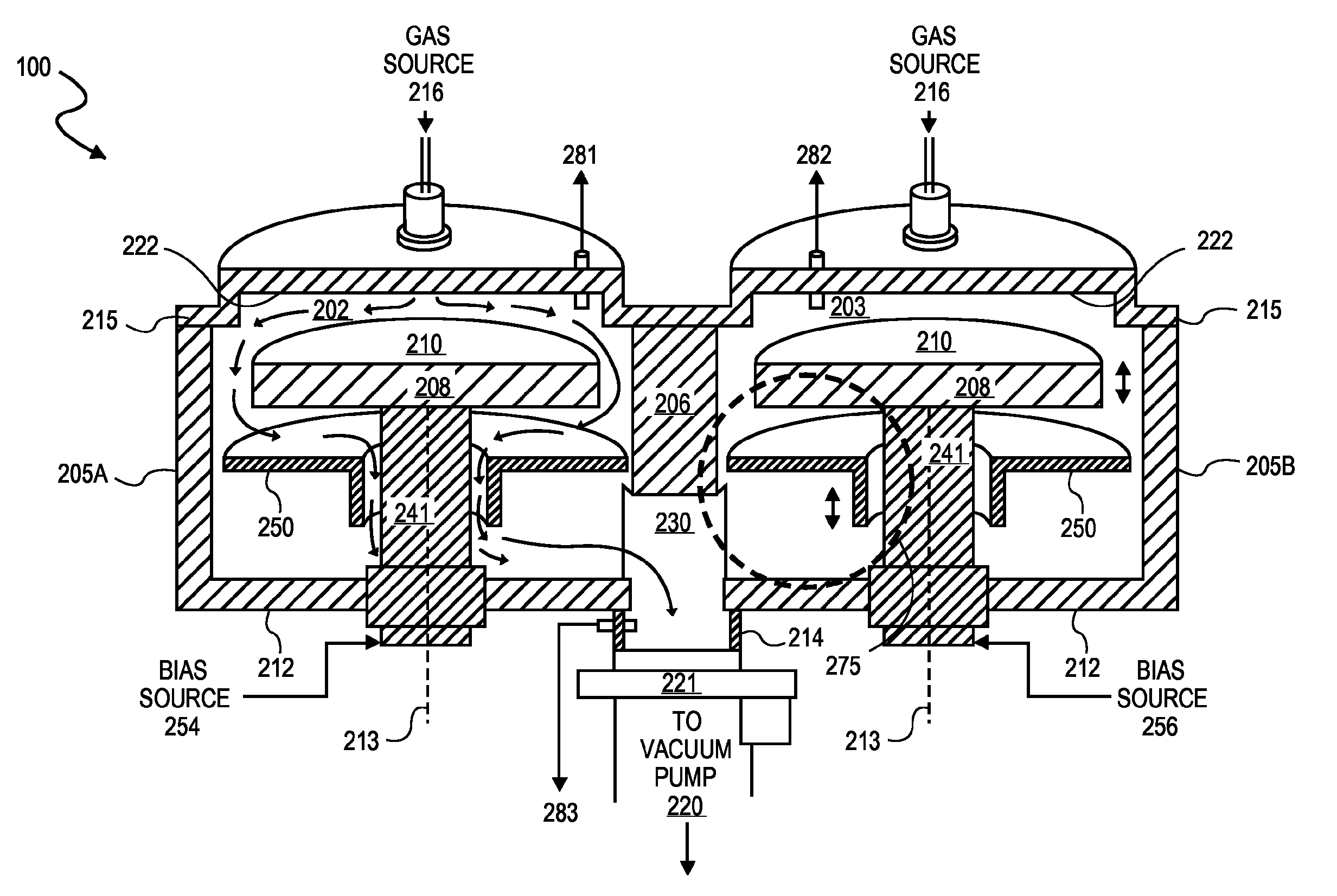 Vacuum processing chambers incorporating a moveable flow equalizer