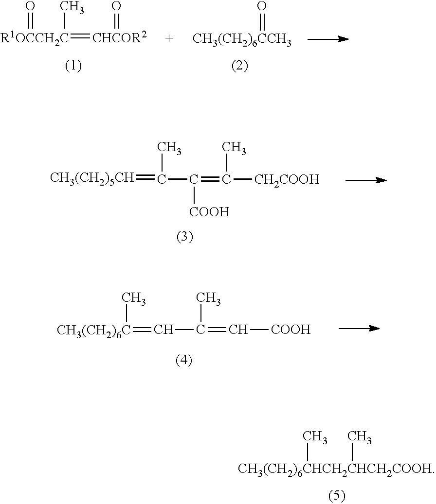 Method for producing 3,5-dimethyldodecanoic acid; and 4-carboxy-3,5-dimethyl-3,5-dodecadienoic acid