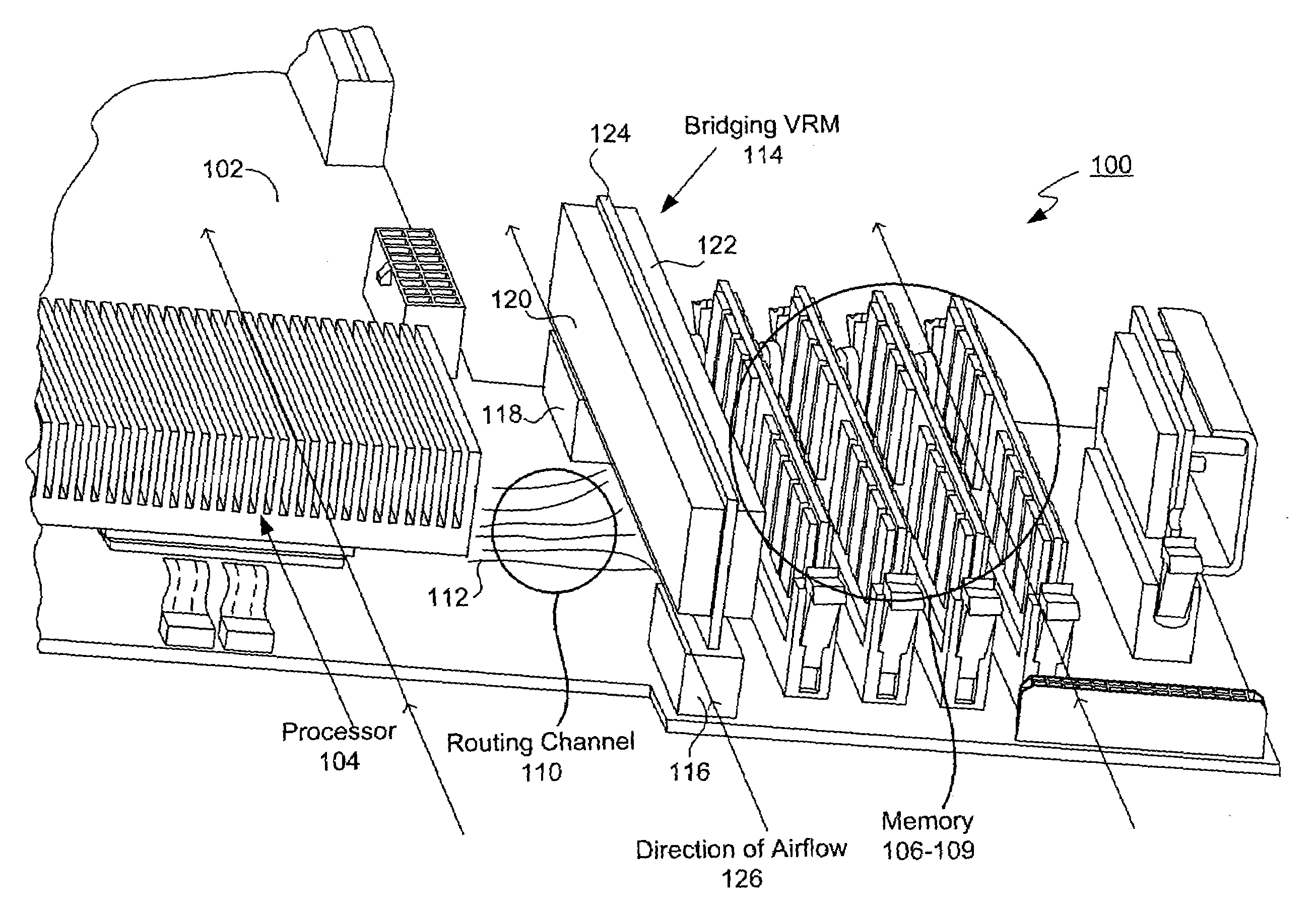 Mounting power handling components on printed circuit boards near high density routing channels