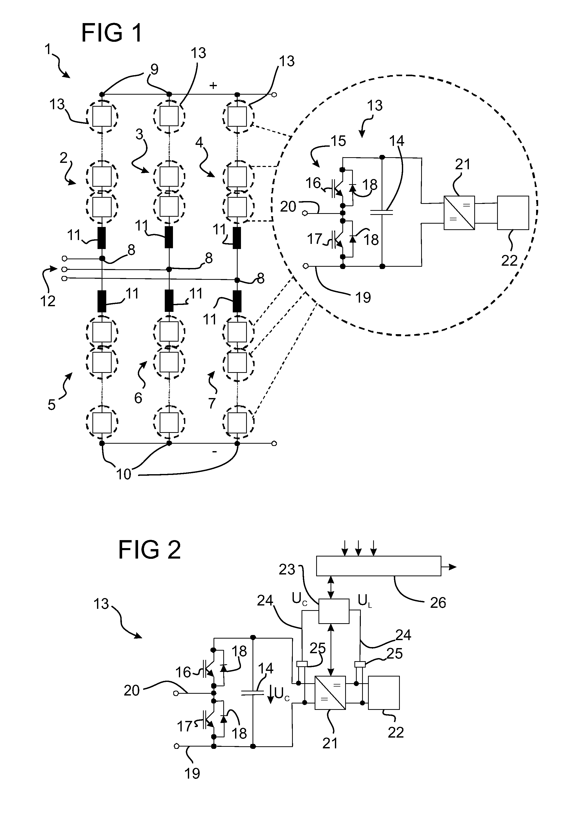 Converter and submodule of a converter for charging or discharging an energy store