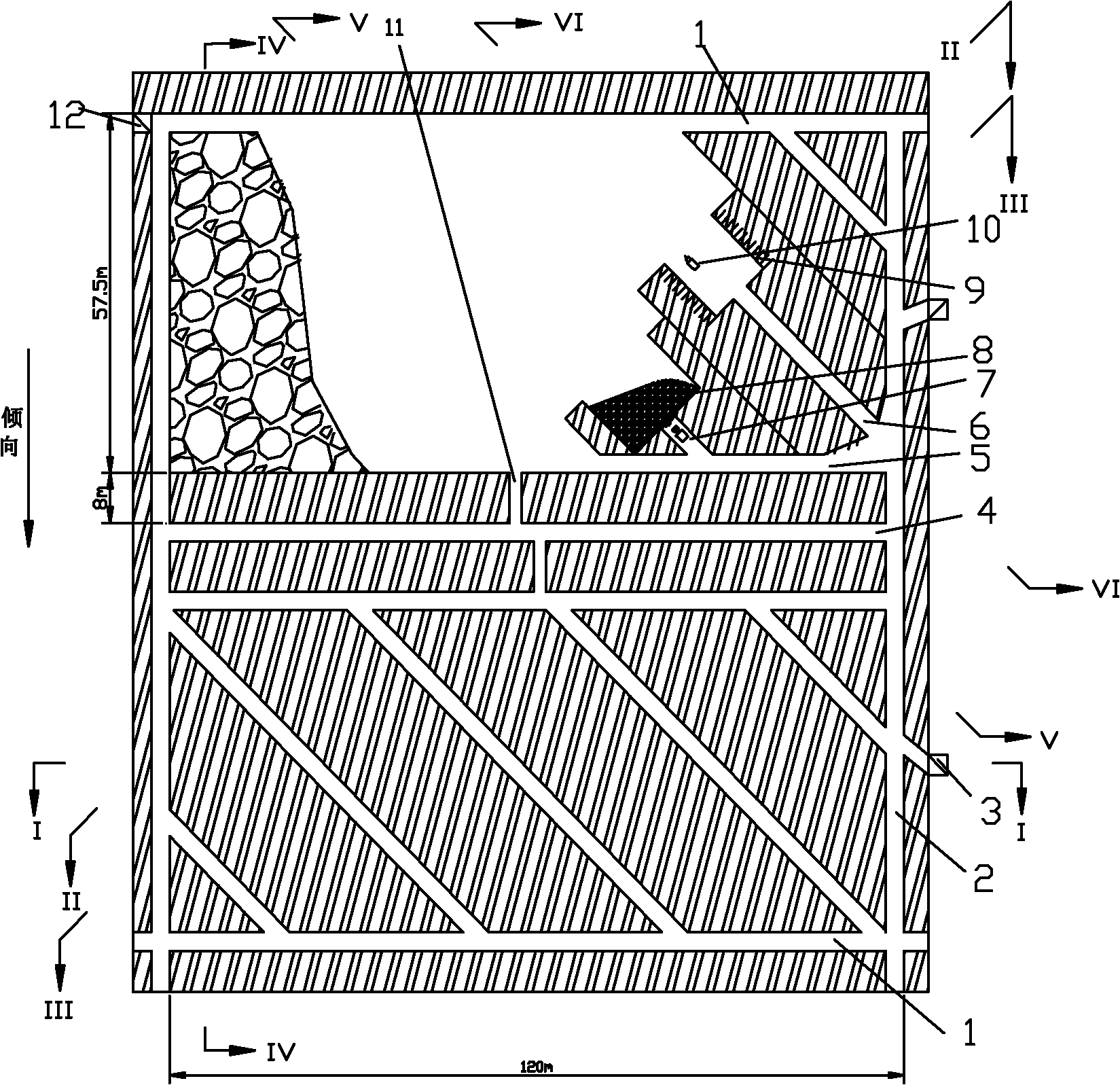 Mechanical continuous mining method for gently inclined thin ore body