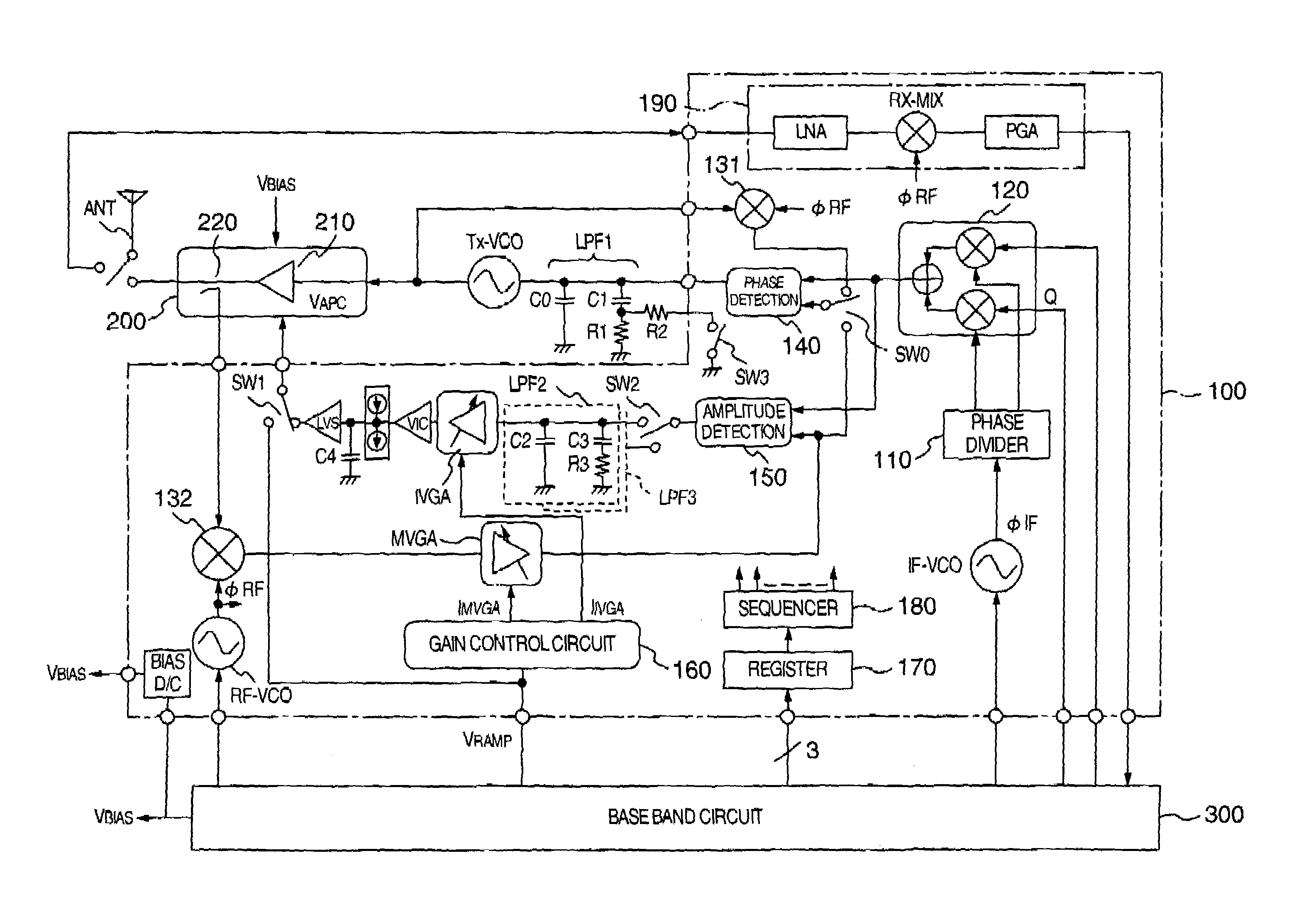 Transmitter having a phase control loop whose frequency bandwidth is varied in accordance with modulation modes