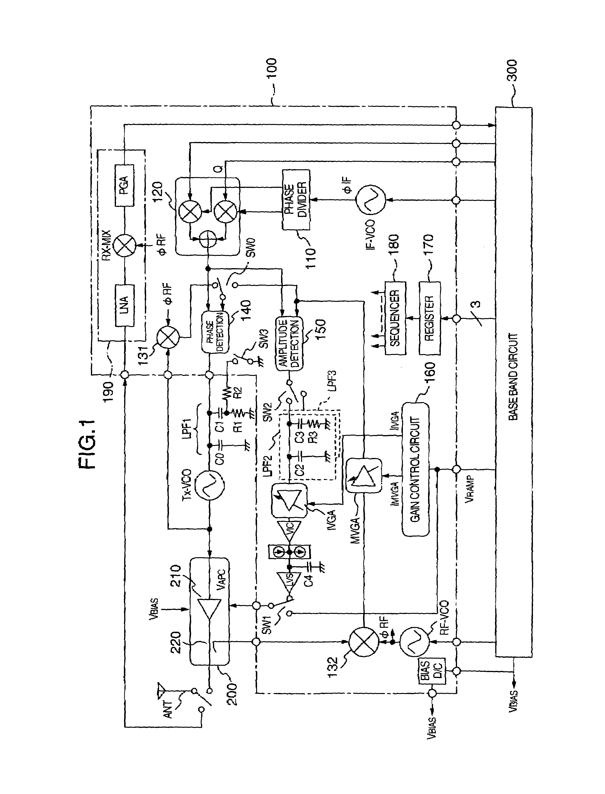 Transmitter having a phase control loop whose frequency bandwidth is varied in accordance with modulation modes