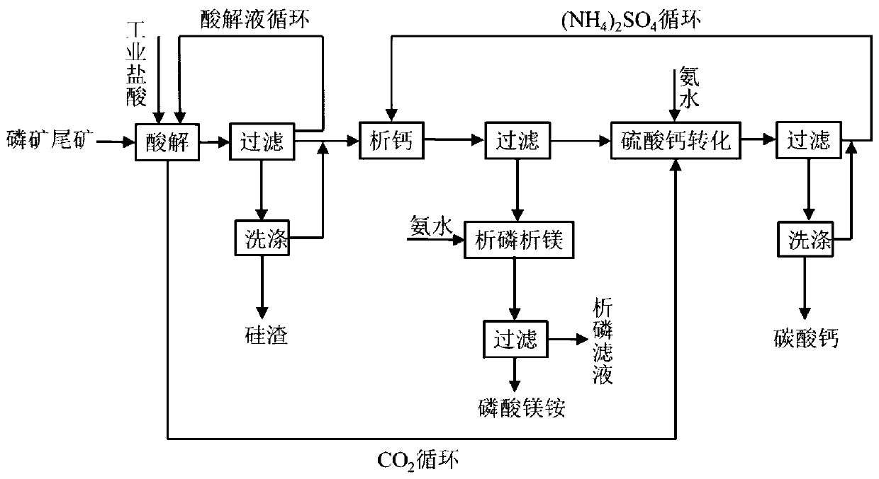Method for preparing ammonium magnesium phosphate and CaCO3 from phosphate tailings and recycling byproducts (NH4) 2SO4 and CO2