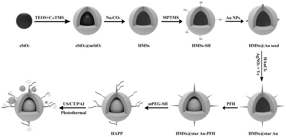 Preparation method of hollow mesoporous silica loaded by nanometer star-shaped gold particles