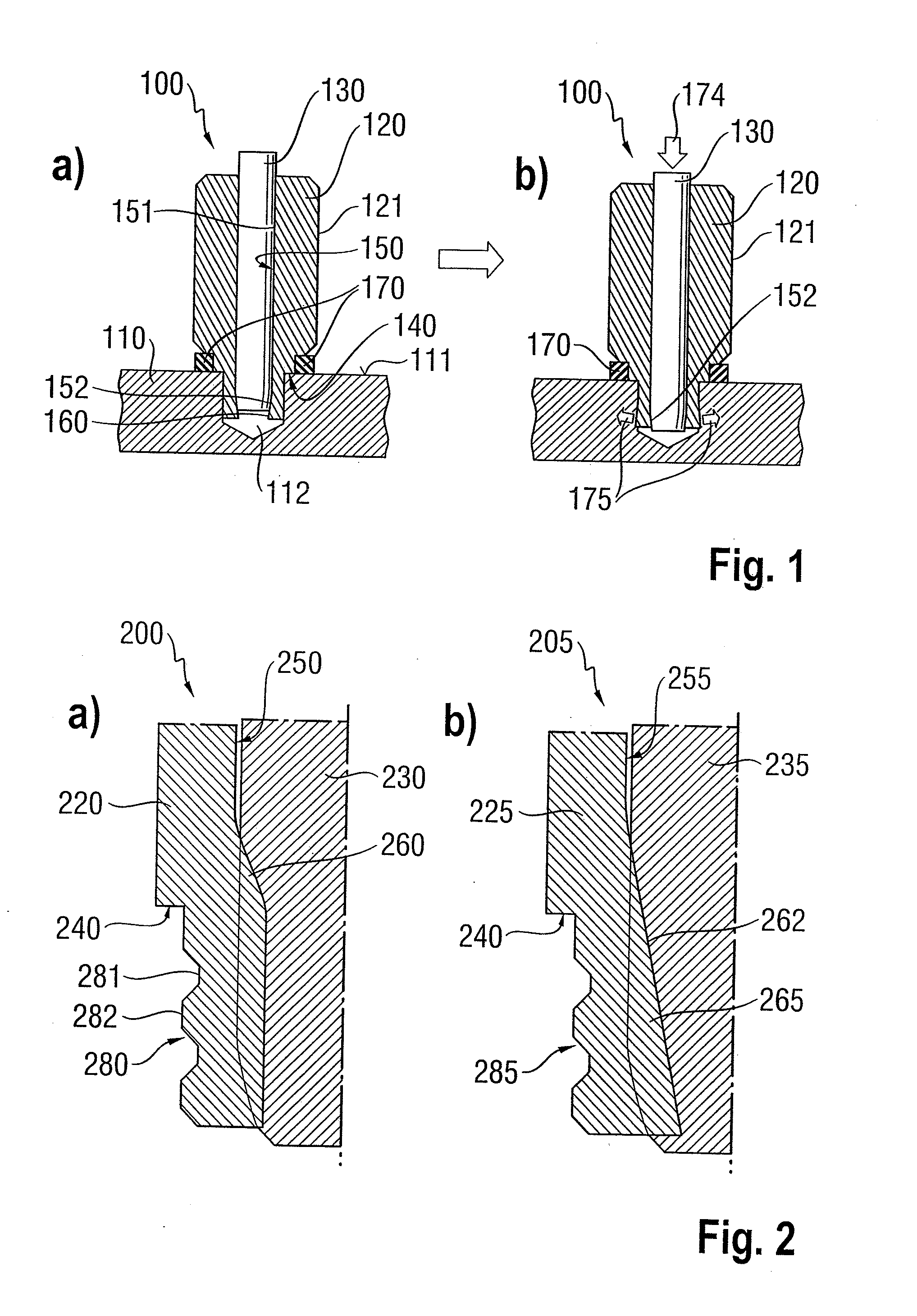 Fastening device and method, as well as device for generating percussions