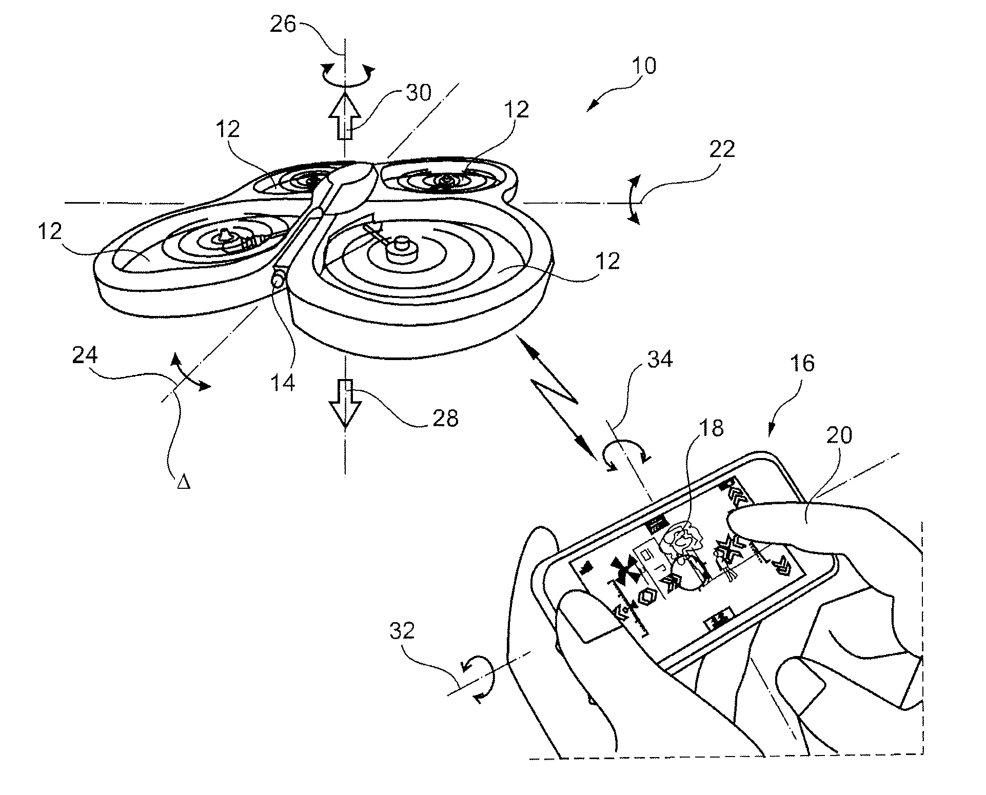 Method of piloting a multiple rotor rotary-wing drone to follow a curvilinear turn
