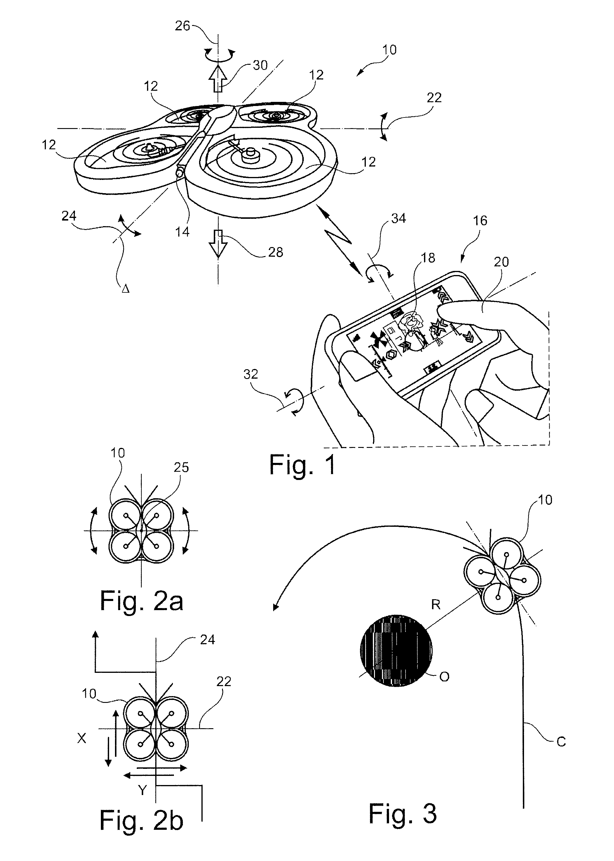 Method of piloting a multiple rotor rotary-wing drone to follow a curvilinear turn