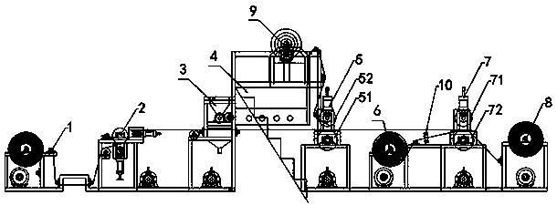 Glue applying and powder scattering type hot-press composition device