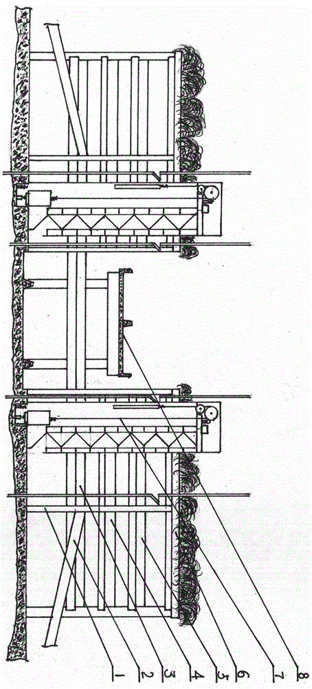 Above-road parterre parking structure intersecting with urban viaduct