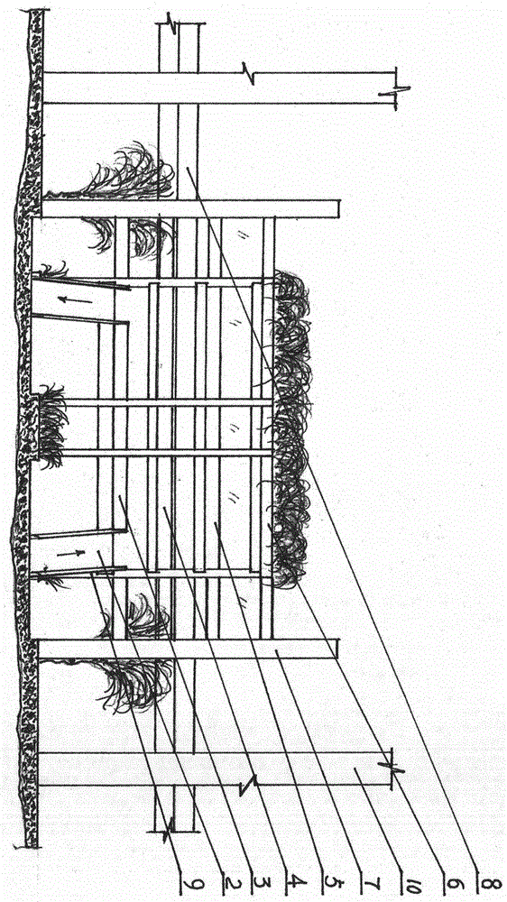 Above-road parterre parking structure intersecting with urban viaduct