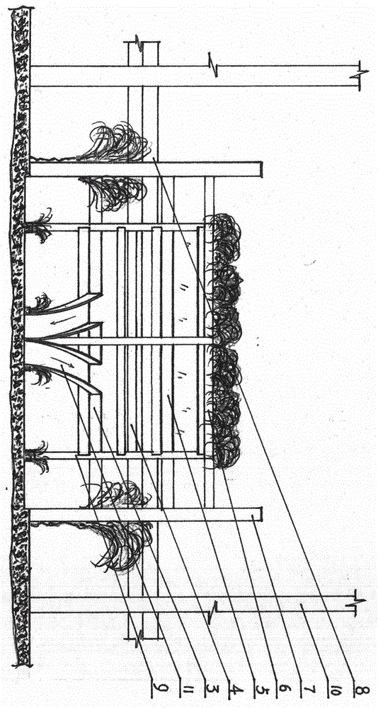 Above-road parterre parking structure intersecting with urban viaduct