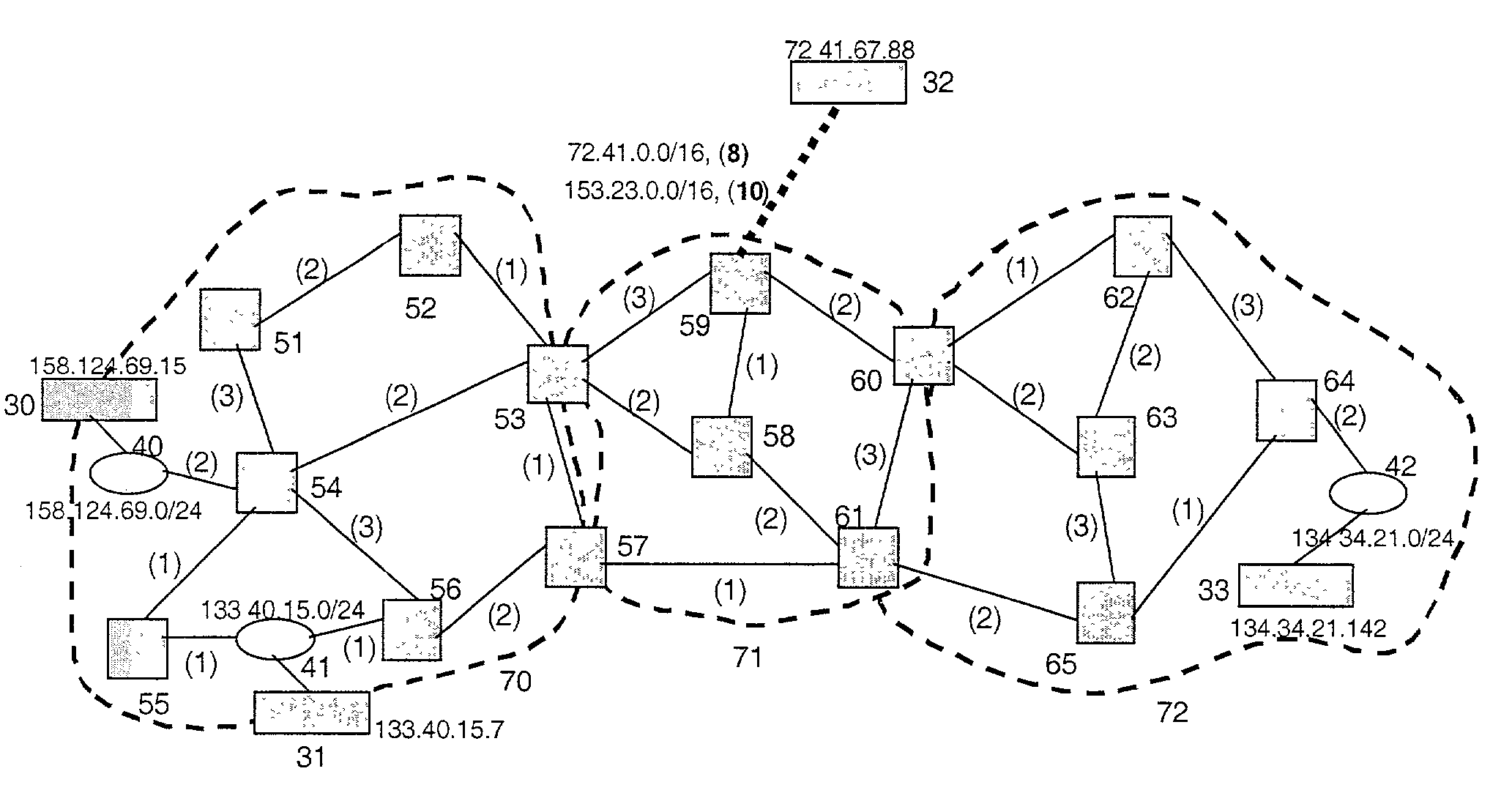 Method and system for topology construction and path identification in a two-level routing domain operated according to a simple link state routing protocol