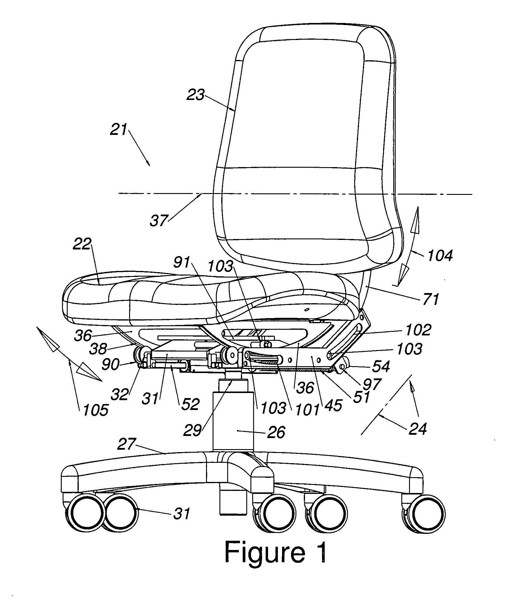 Dynamically balanced seat assembly having independently and arcuately movable backrest and method