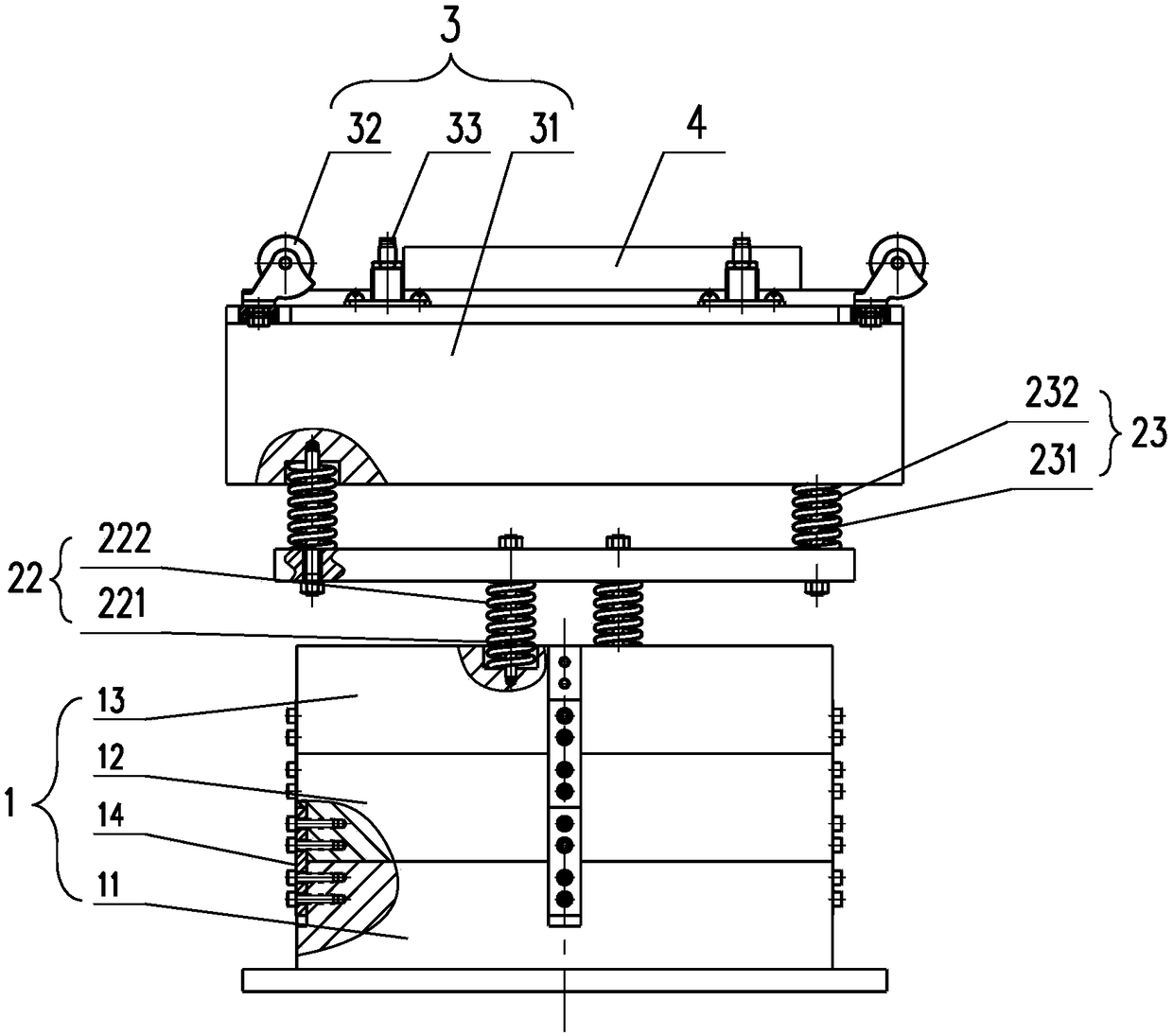 Two-stage spring type tunnel detecting radar tray device