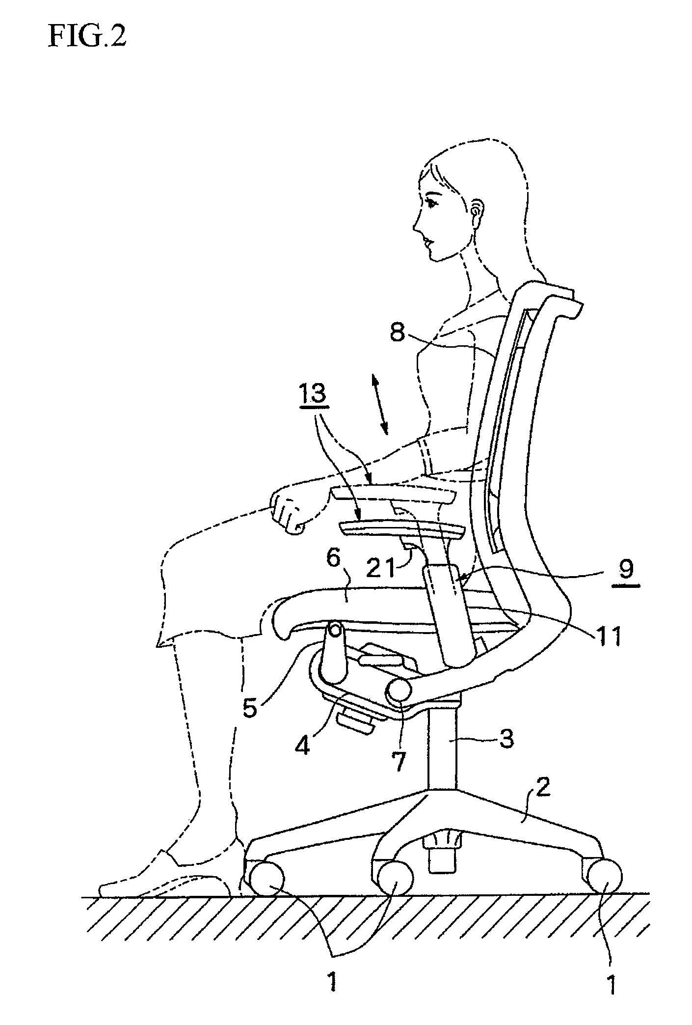 Armrest device in a chair