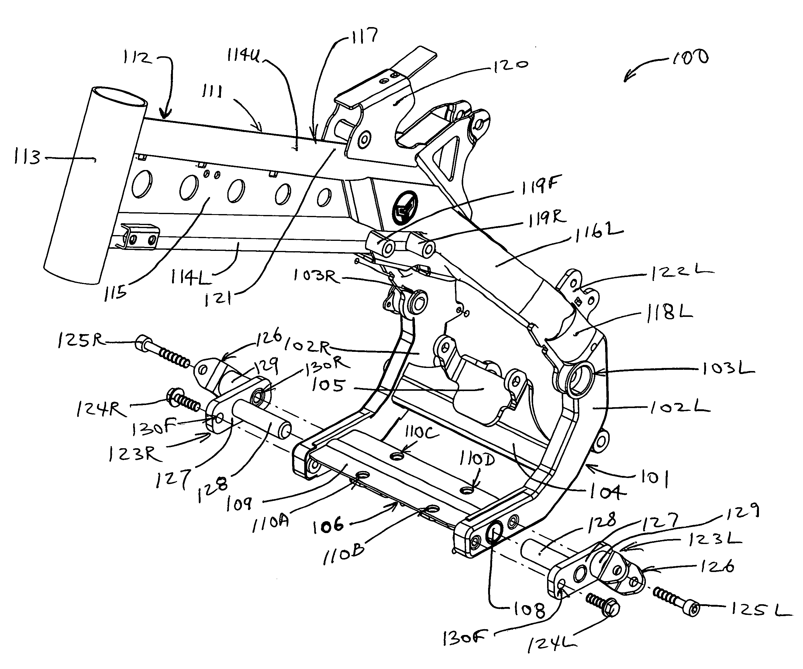 Backbone motorcycle frame having a partial cradle which supports a rear portion of a unitized engine and transmission and to which foot peg assemblies are bolted