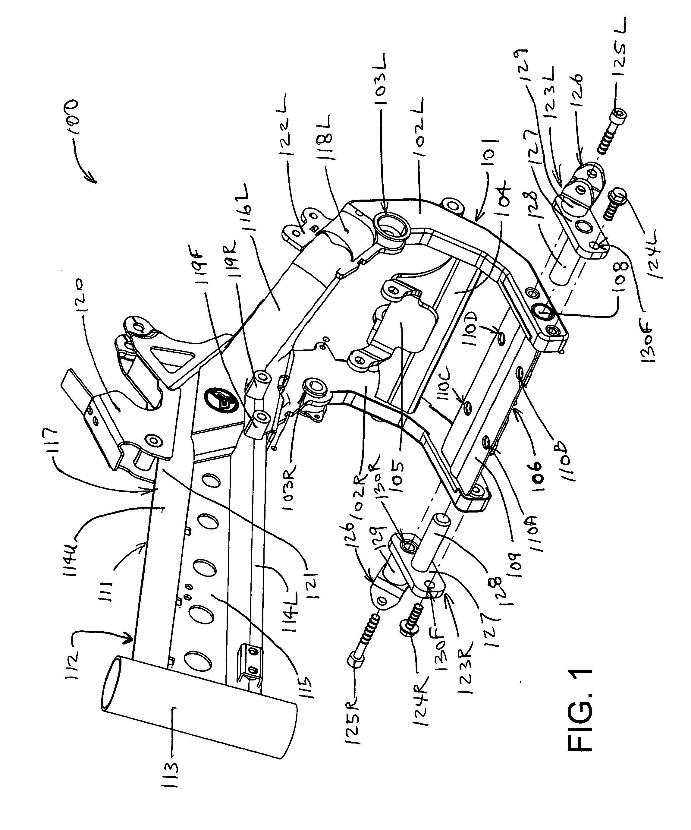 Backbone motorcycle frame having a partial cradle which supports a rear portion of a unitized engine and transmission and to which foot peg assemblies are bolted