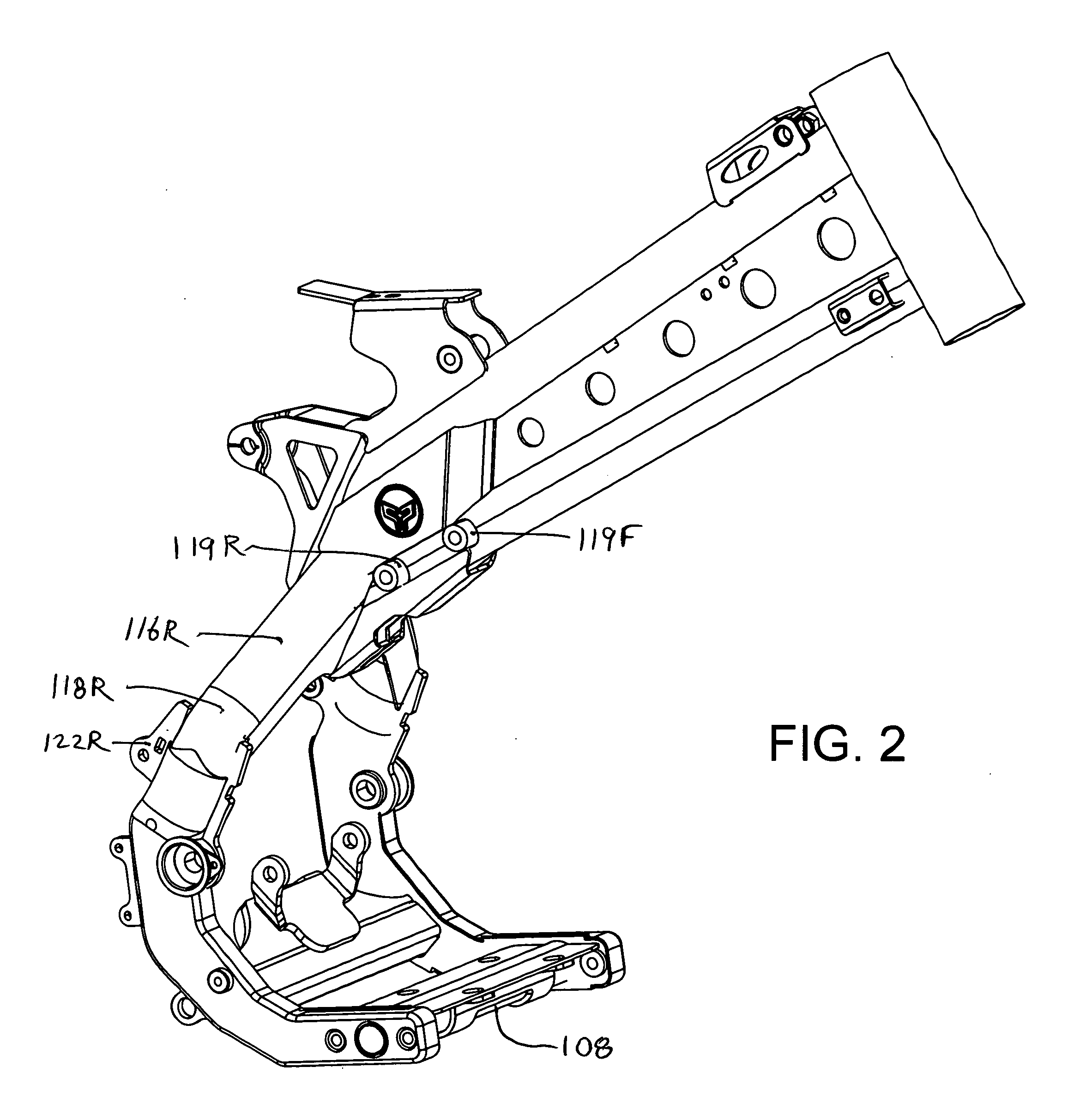 Backbone motorcycle frame having a partial cradle which supports a rear portion of a unitized engine and transmission and to which foot peg assemblies are bolted