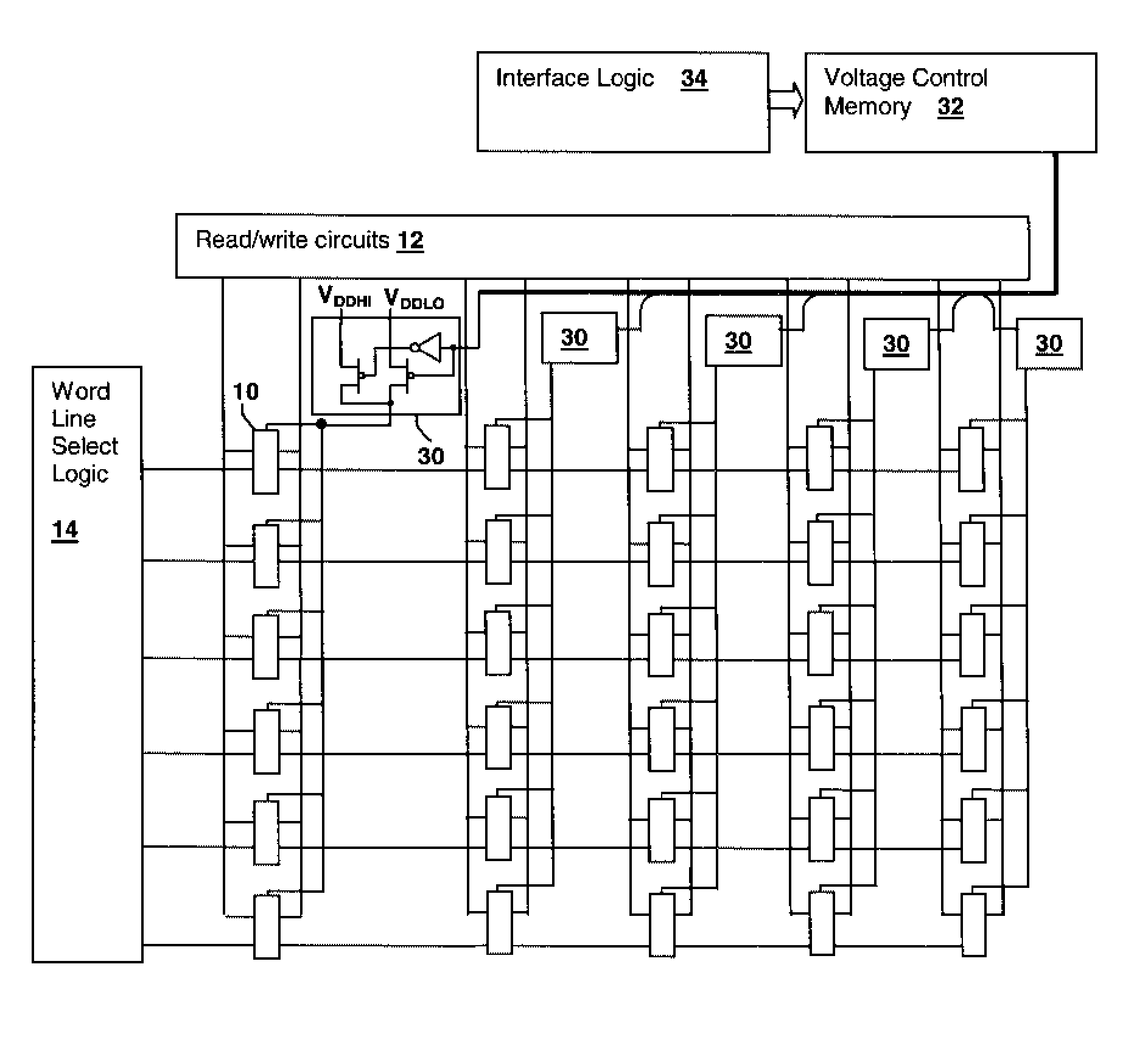 Energy efficient storage device using per-element selectable power supply voltages