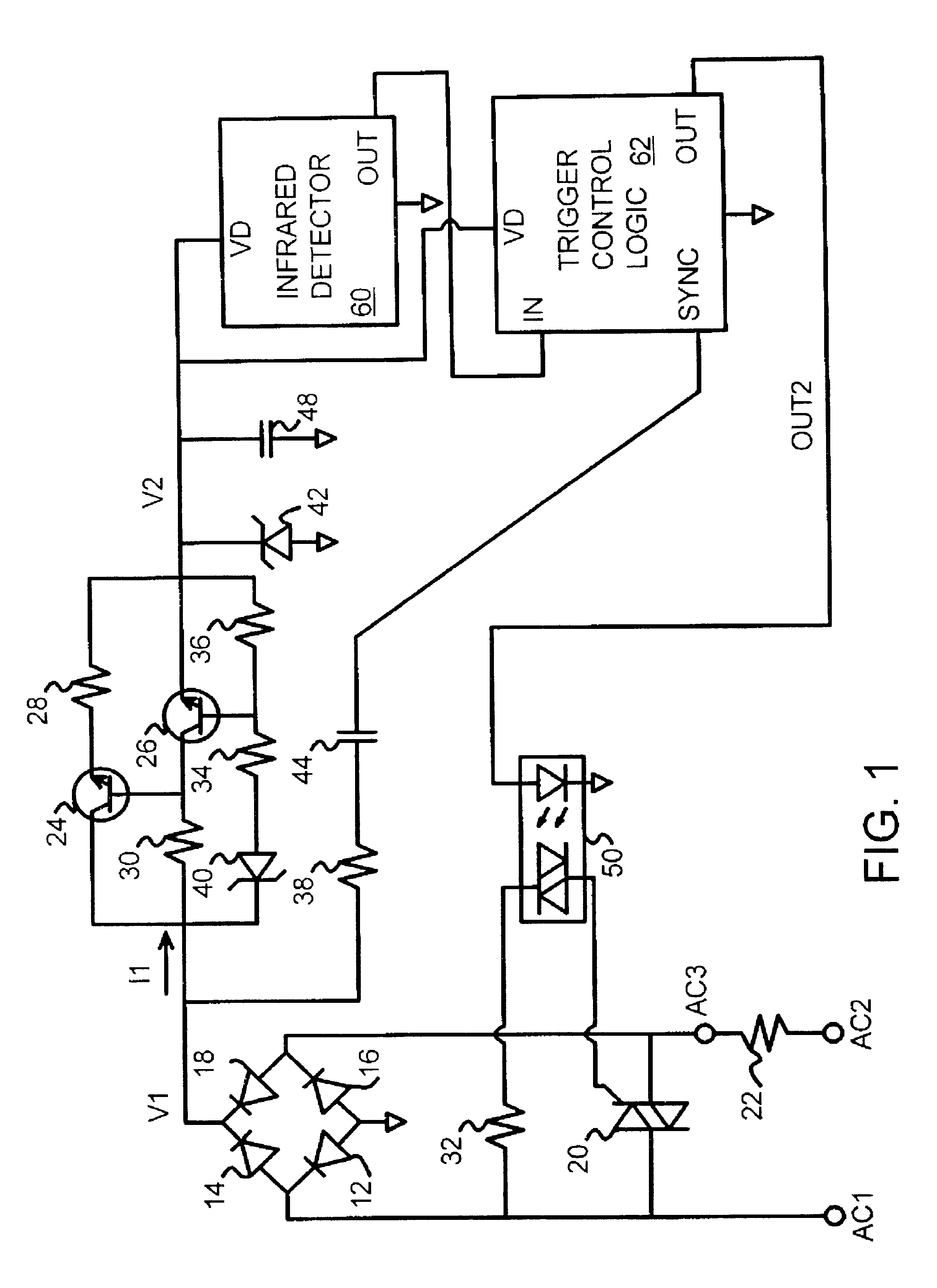 Infrared inductive light switch using triac trigger-control and early-charging-peak current limiter with adjustable power consumption
