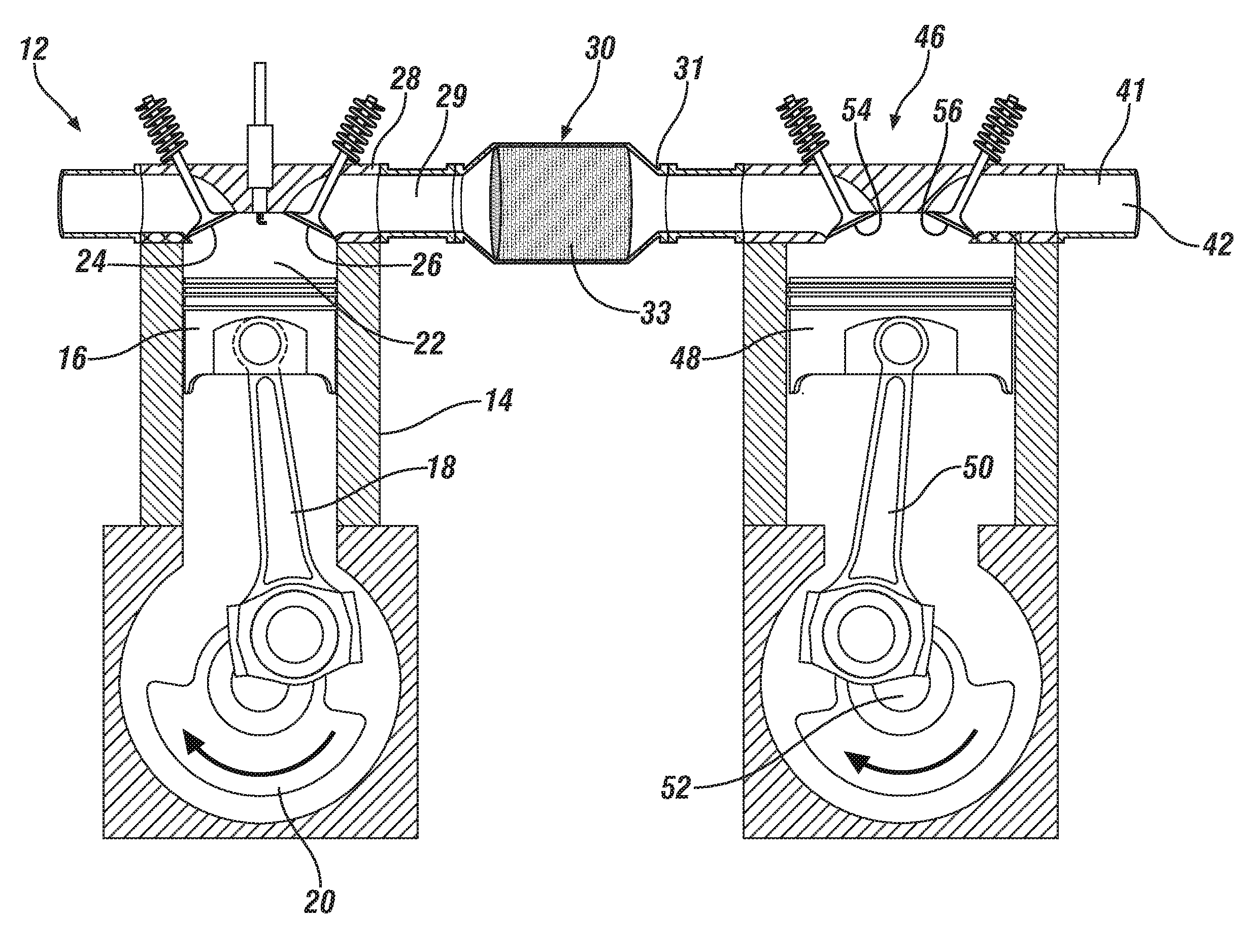 Internal combustion engine with emission treatment interposed between two expansion phases