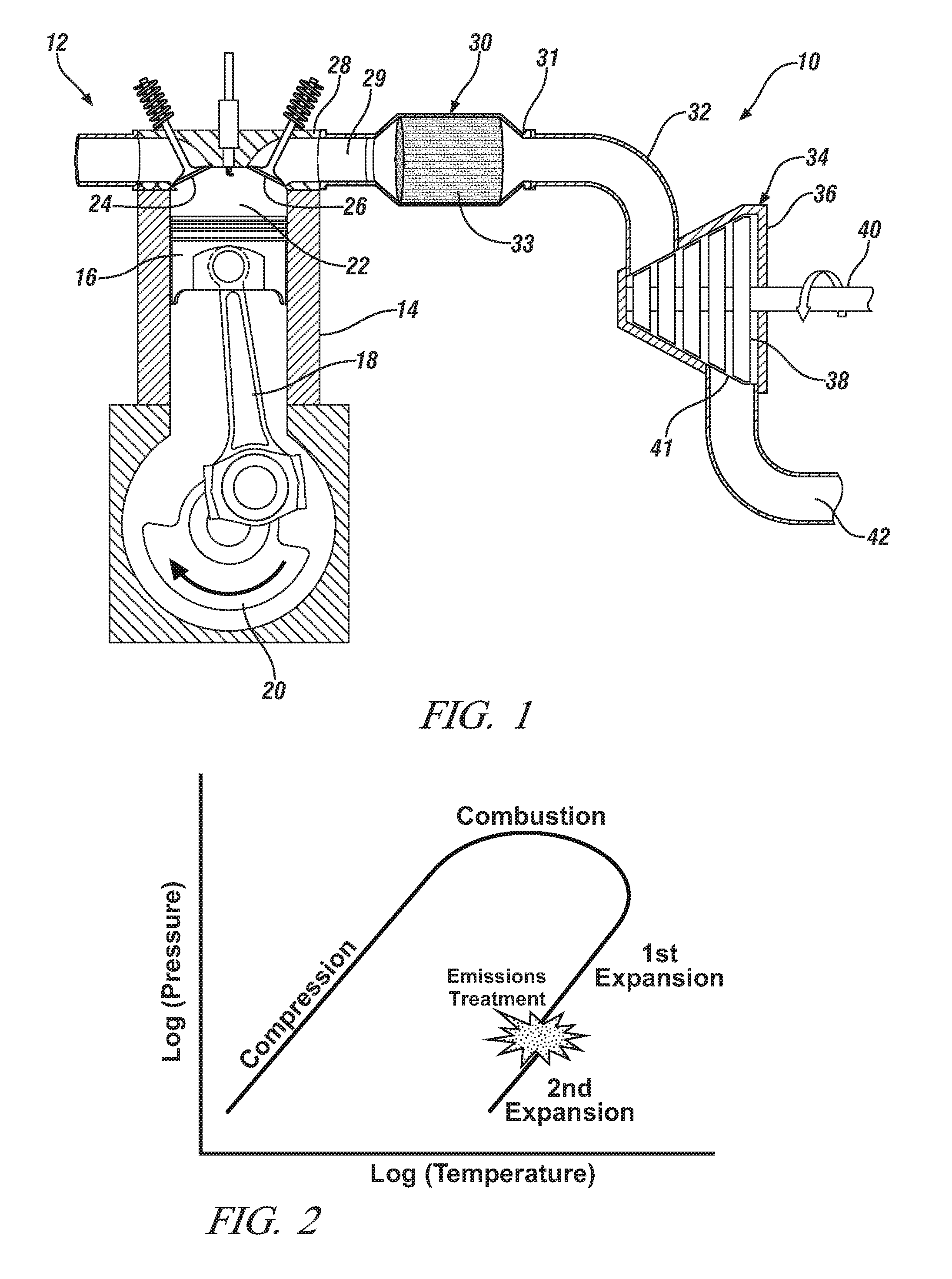 Internal combustion engine with emission treatment interposed between two expansion phases