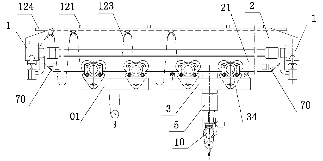 Cantilever crane with lifting trolley, suspension trolley and movable trolley stops