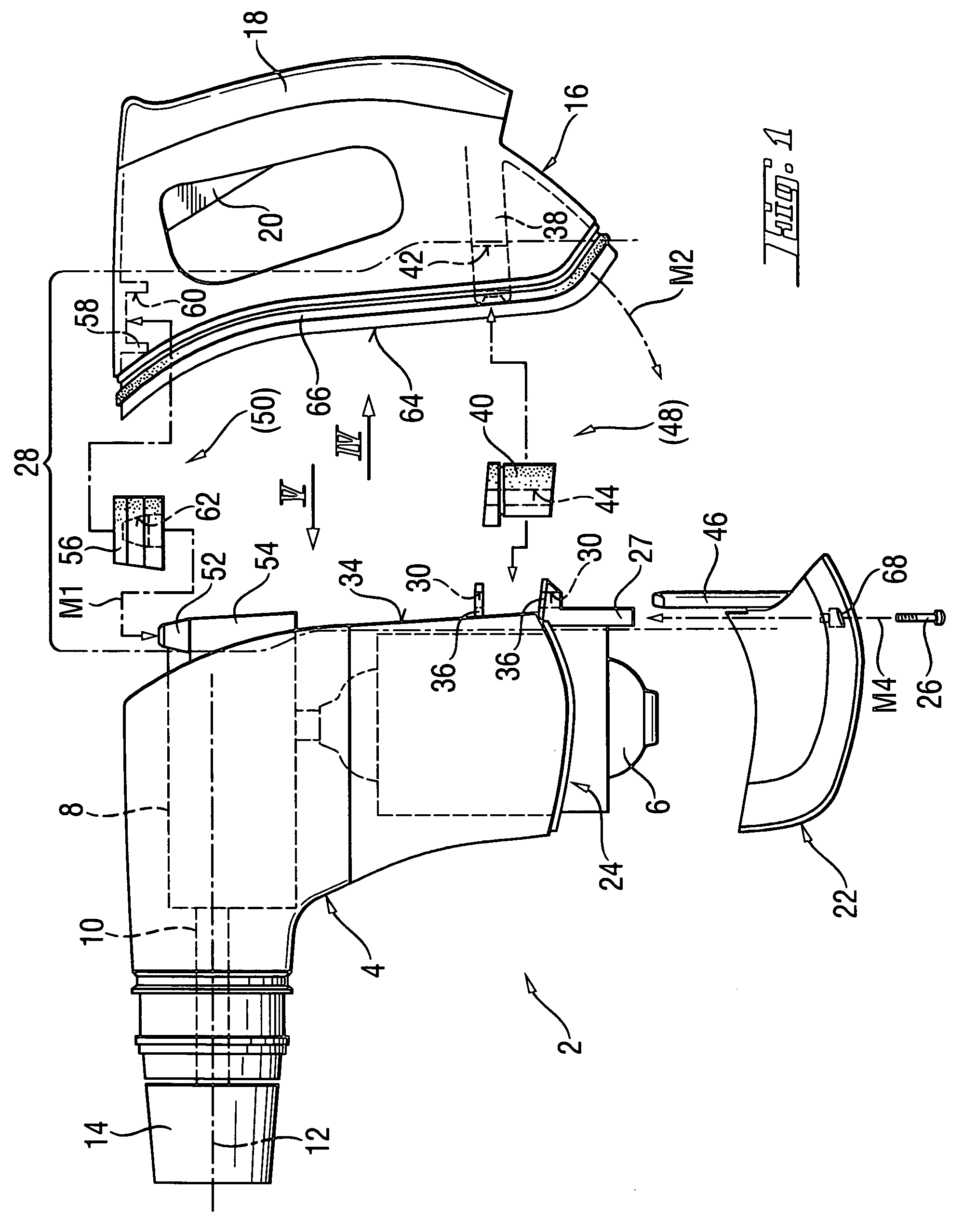 Hand-held power tool having main and handle housings with a connection device for connecting the housings