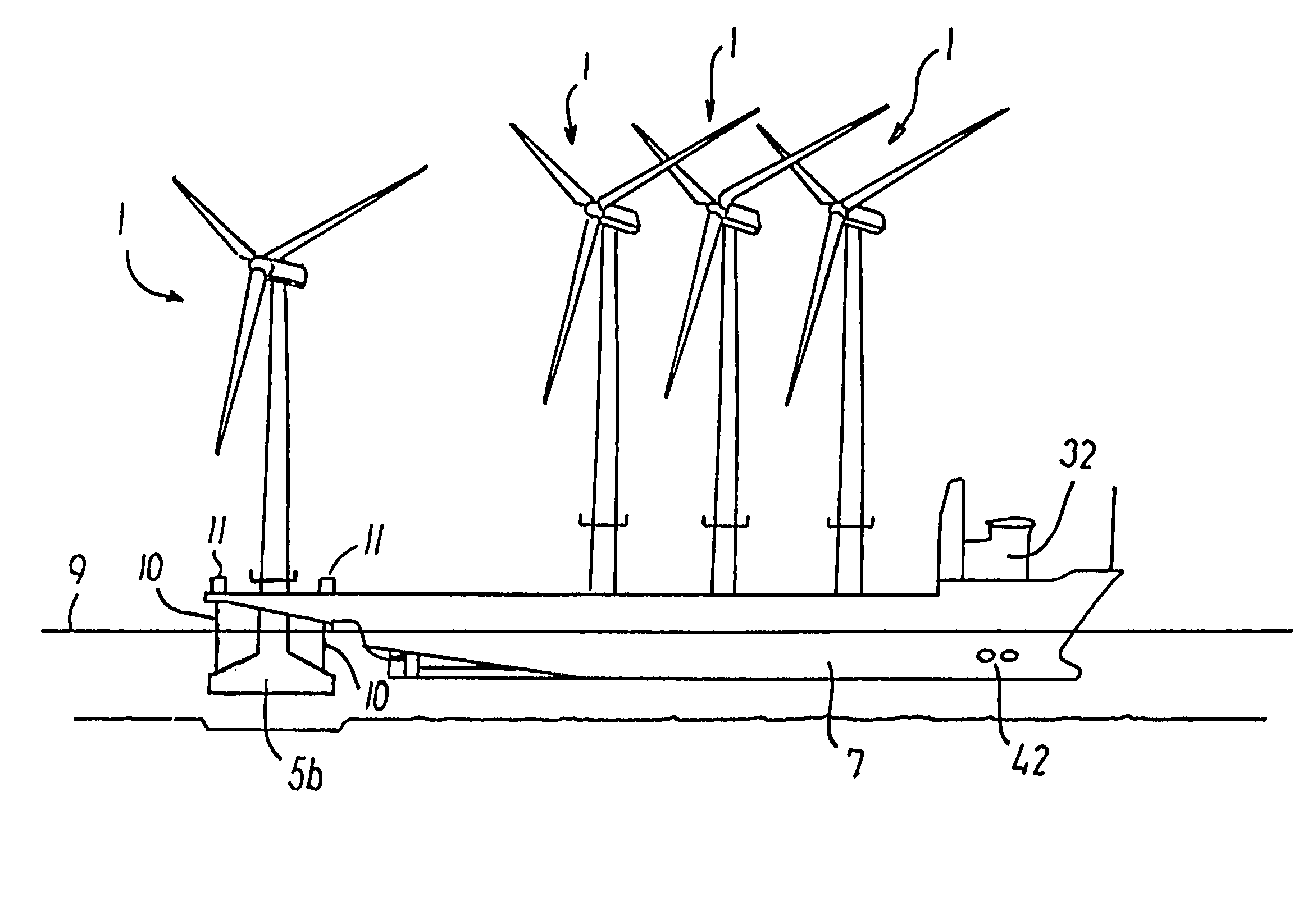 Vessel for transporting wind turbines, methods of moving a wind turbine, and a wind turbine for an off-shore wind farm