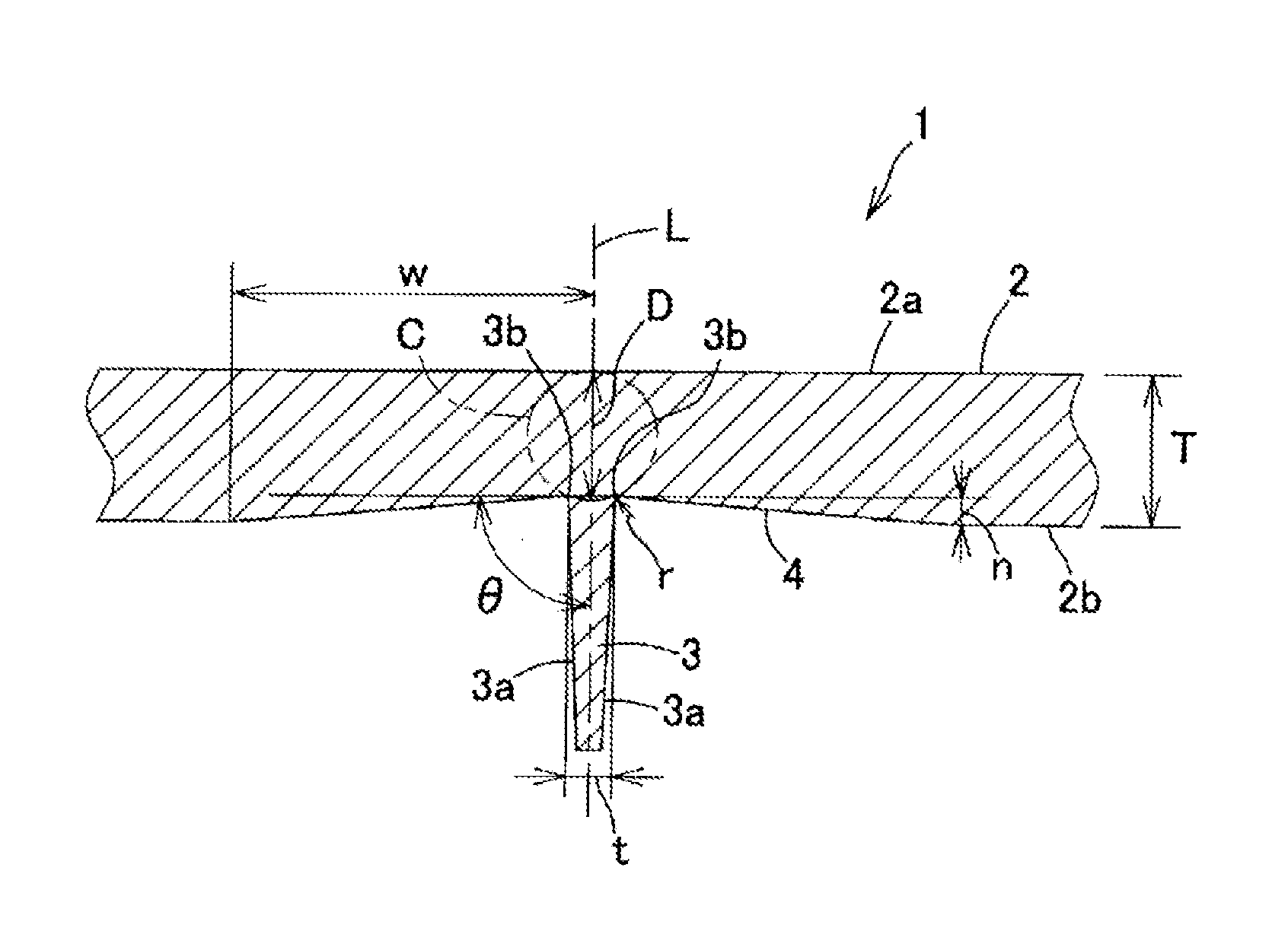 Moulded body having specific cross-sectional structure