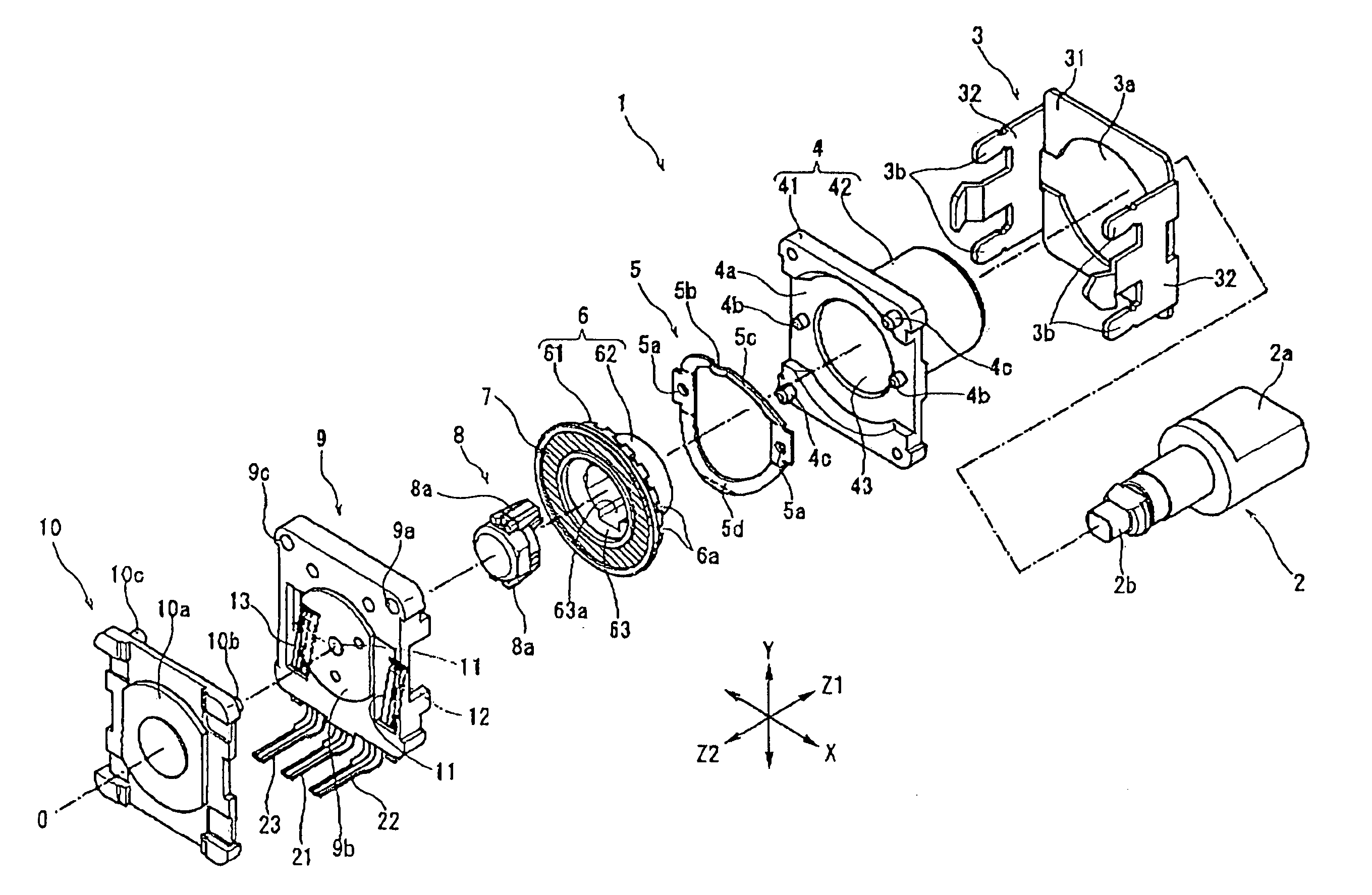 Encoder having electrode pattern with pairs of non-conductive portions and multiple sliders that contact the electrode pattern