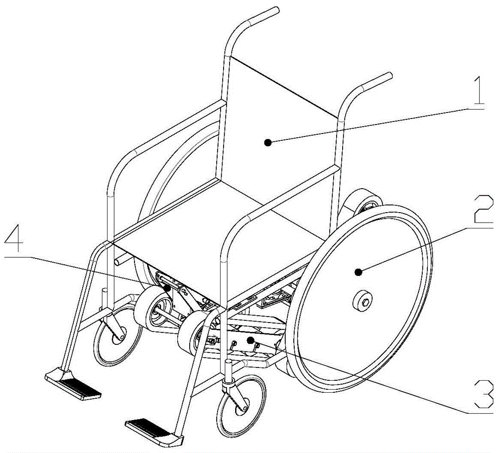 Two-section four-track stair climbing wheelchair based on walking wheel swinging and upstairs and downstairs going method