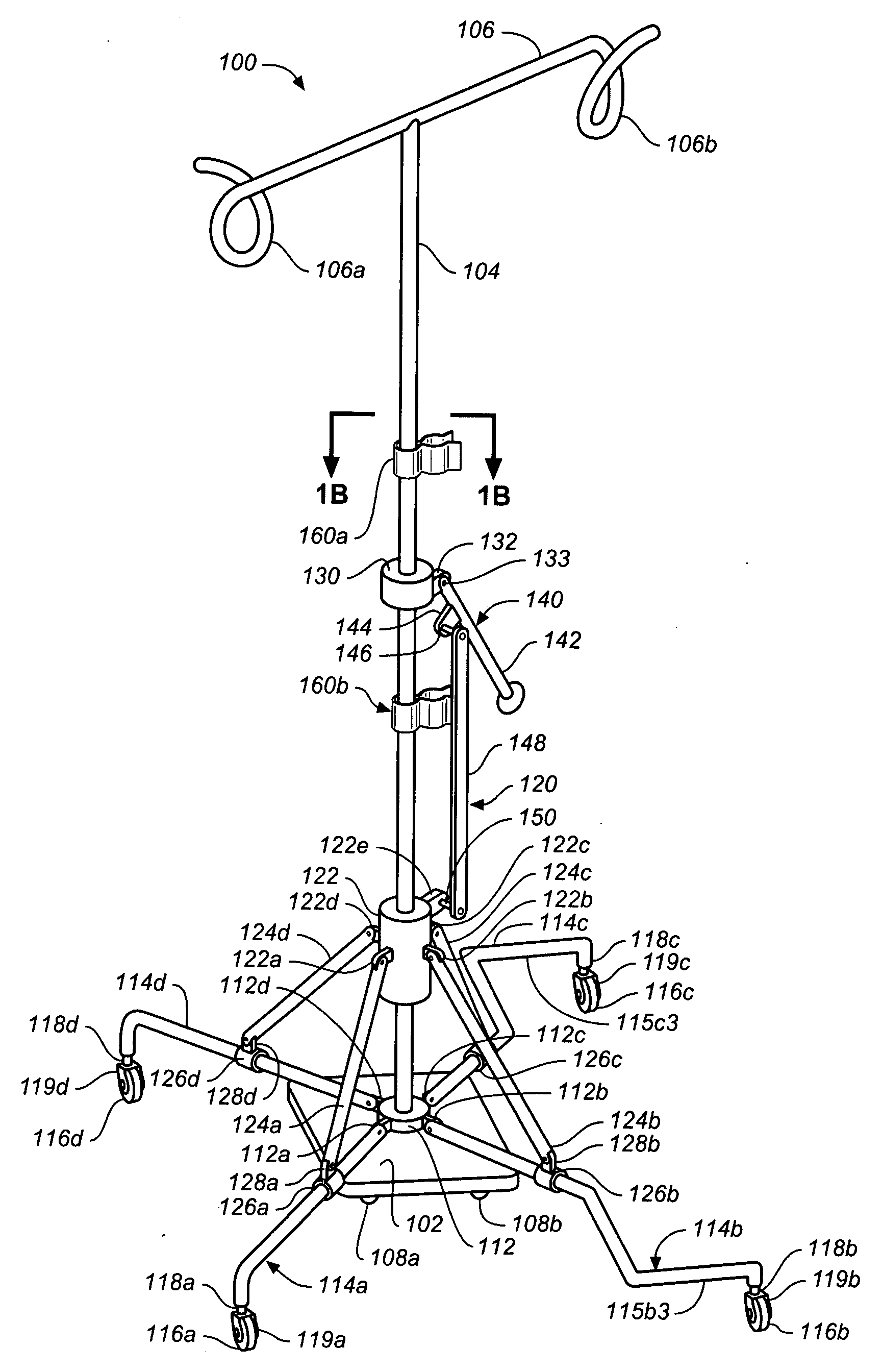 Adjustable wheeled IV stand