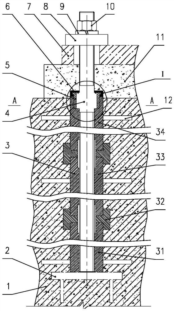 Replaceable anchor bolt assembly with adjustable anchoring length for concrete foundation