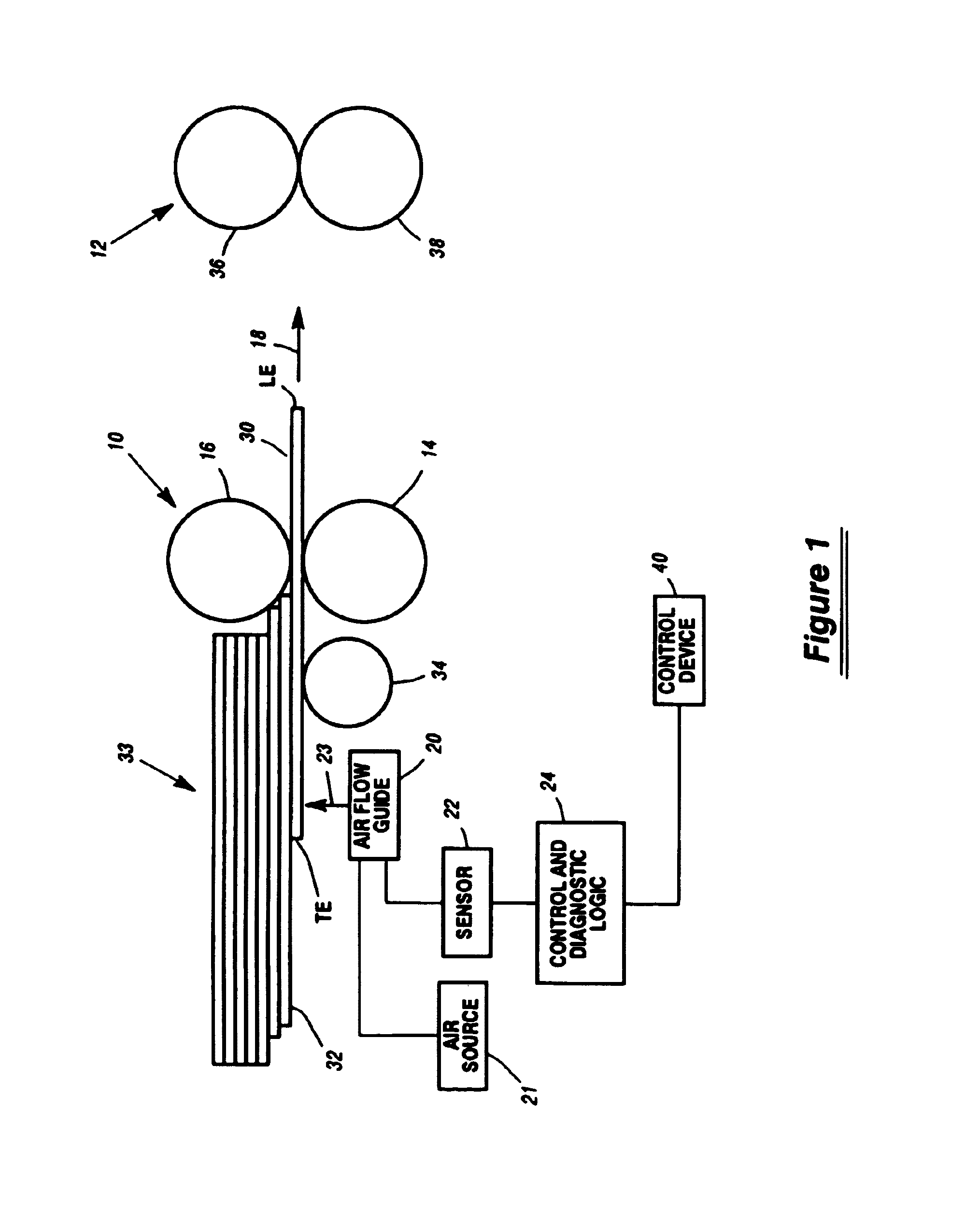 System and method for feeding and transporting documents including document trailing edge detection by sensing an air flow disruption while the document is still being fed from the document stack