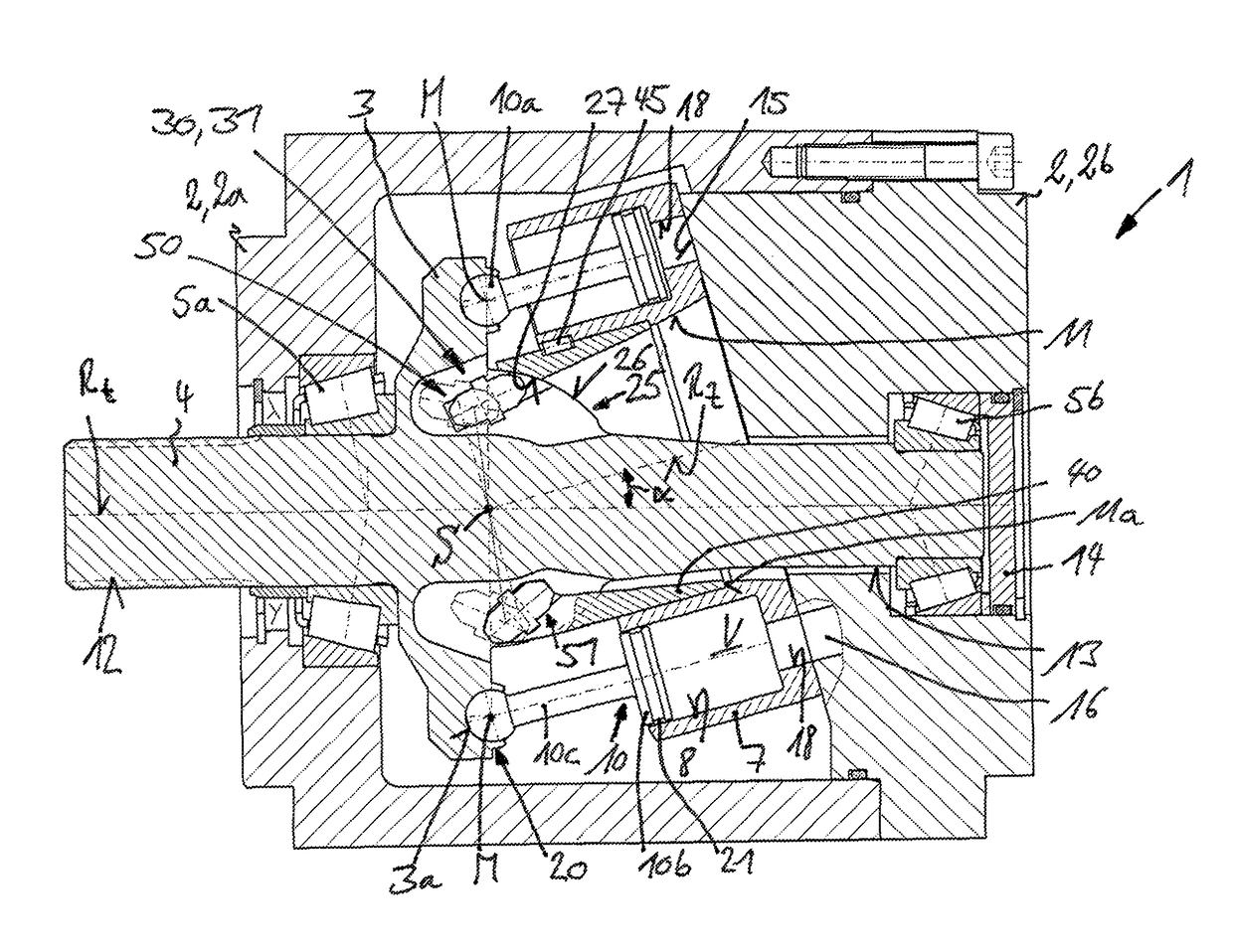 Hydrostatic axial piston machine employing a bent-axis construction