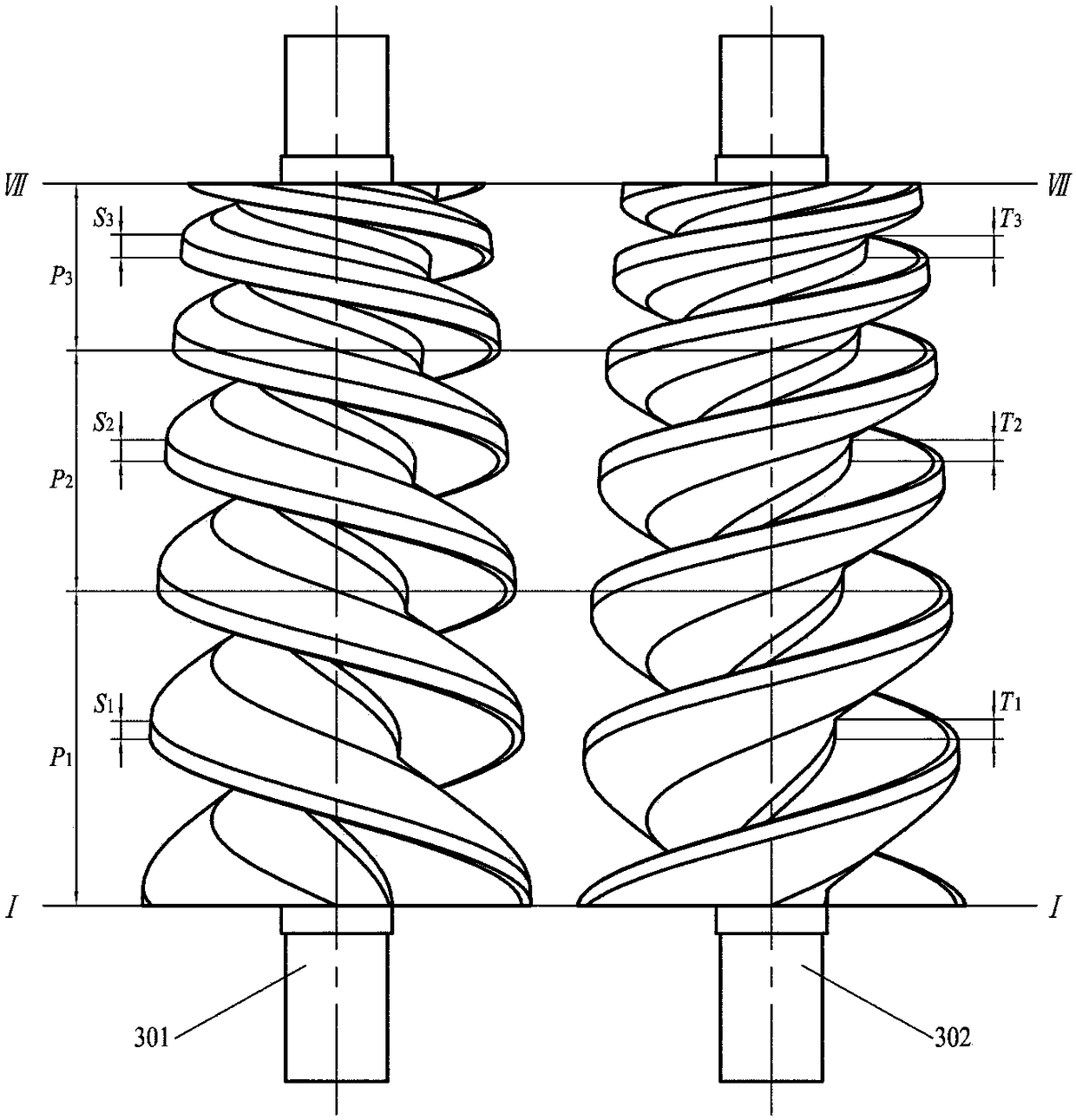 A self-balancing conical screw rotor with variable pitch