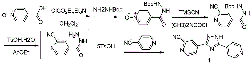 Preparation of 4-[5-(pyridine-4-yl)-1H-[1,2,4]triazole-3-yl]pyridine-2-formonitrile