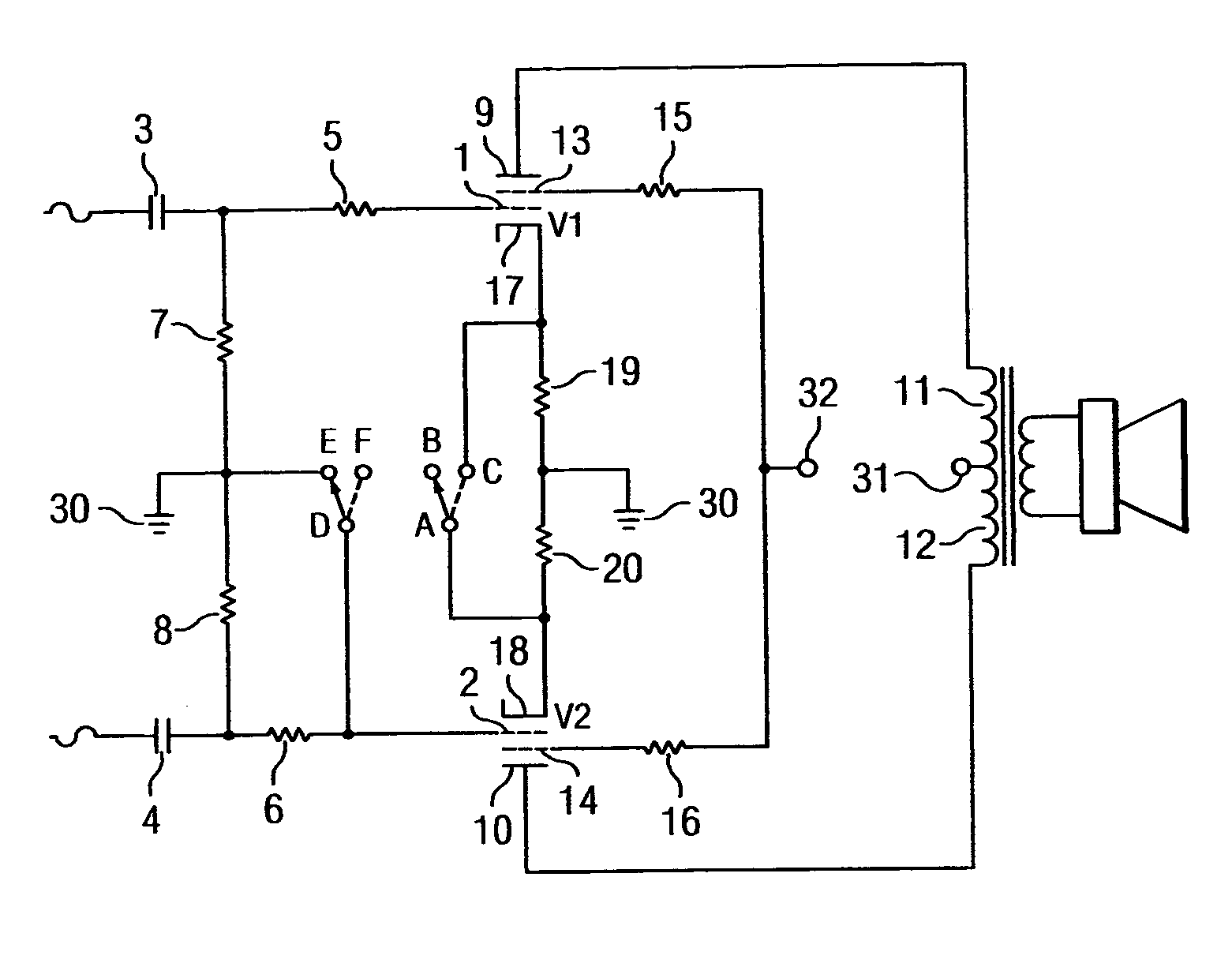 Vacuum tube power amplifier switchable between push-pull and single ended configurations