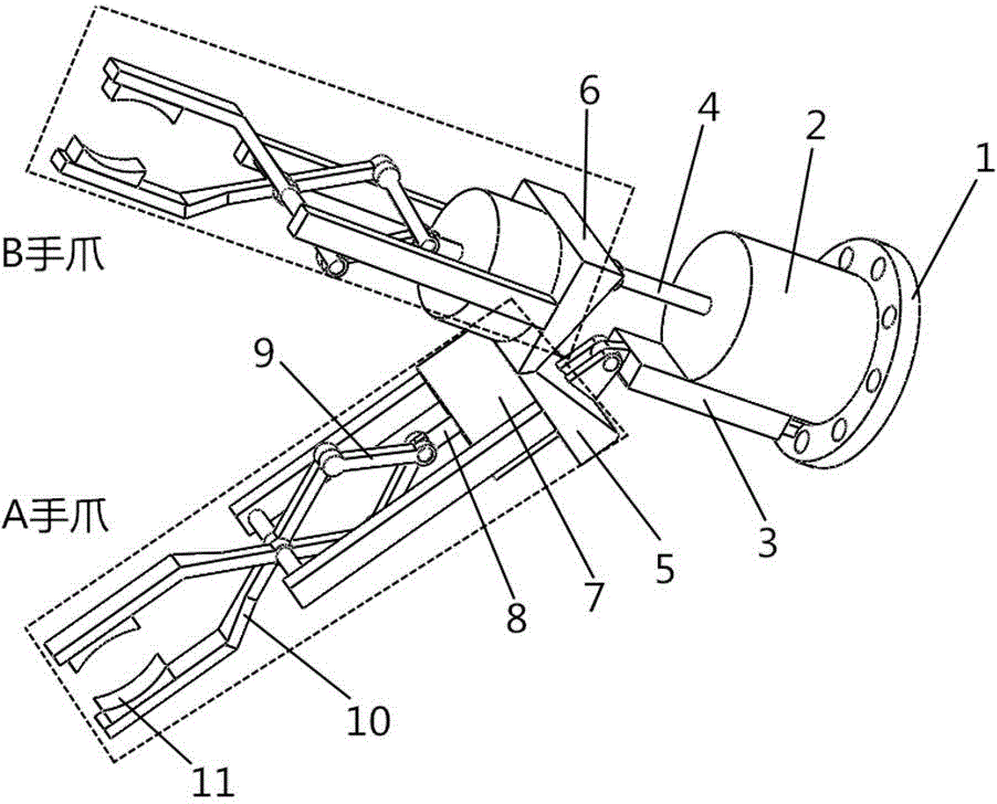 Grabbing pneumatic connecting rod arm with double-paw structure